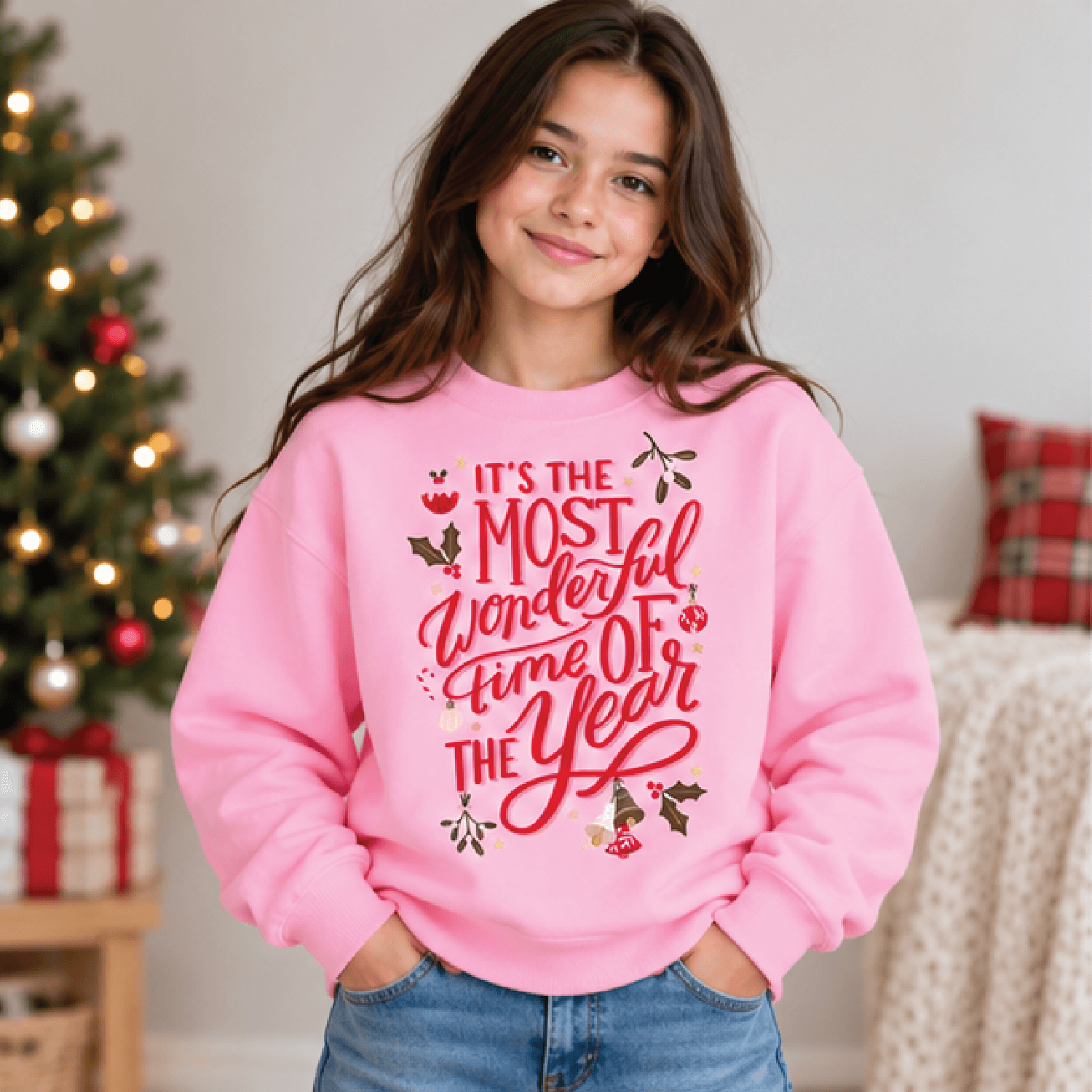 Most Wonderful Time Christmas Sweatshirt Kids Holiday Crewneck Youth Retro Xmas Sweater Pink Vintag 2