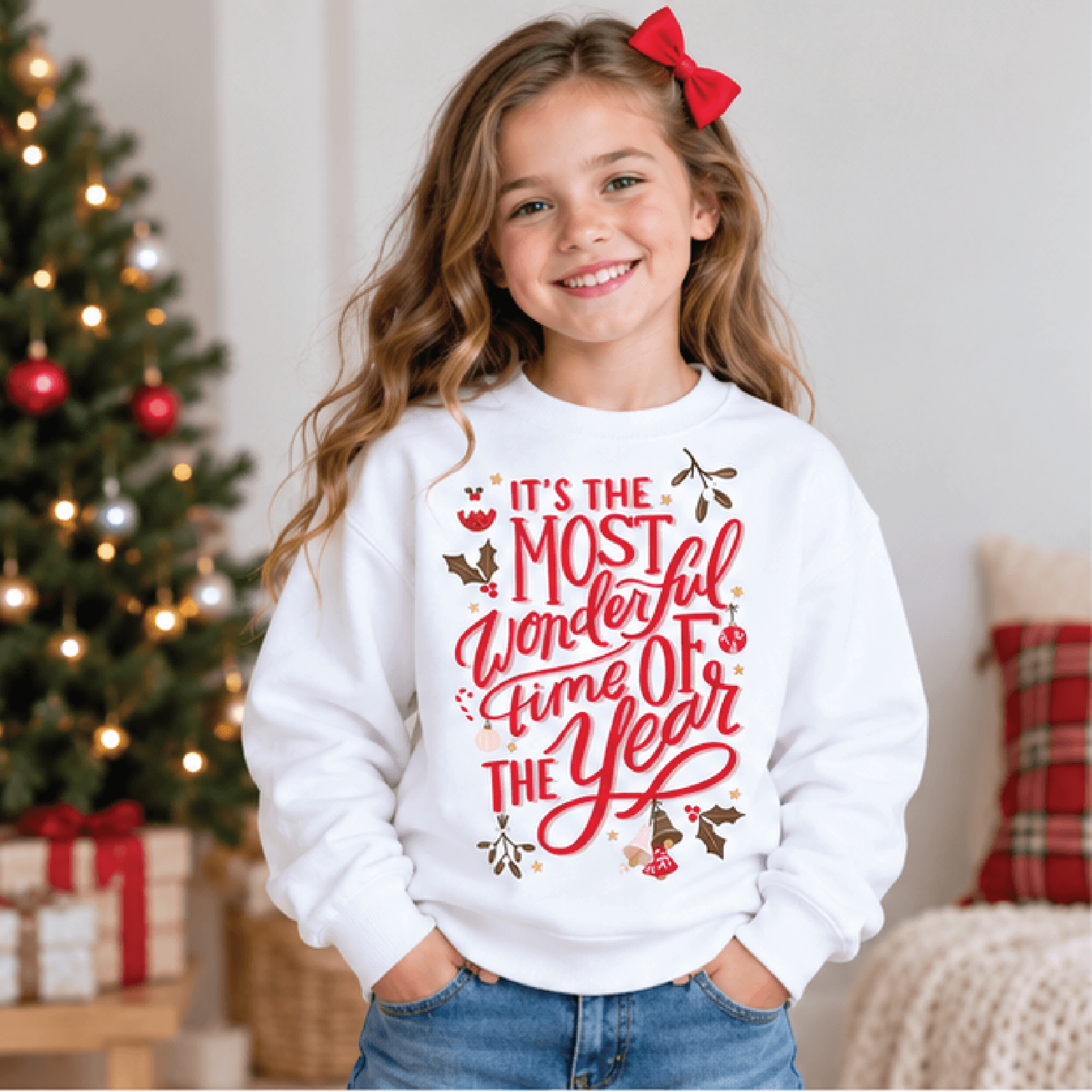 Most Wonderful Time Christmas Sweatshirt Kids Holiday Crewneck Youth Retro Xmas Sweater Pink Vintag 0