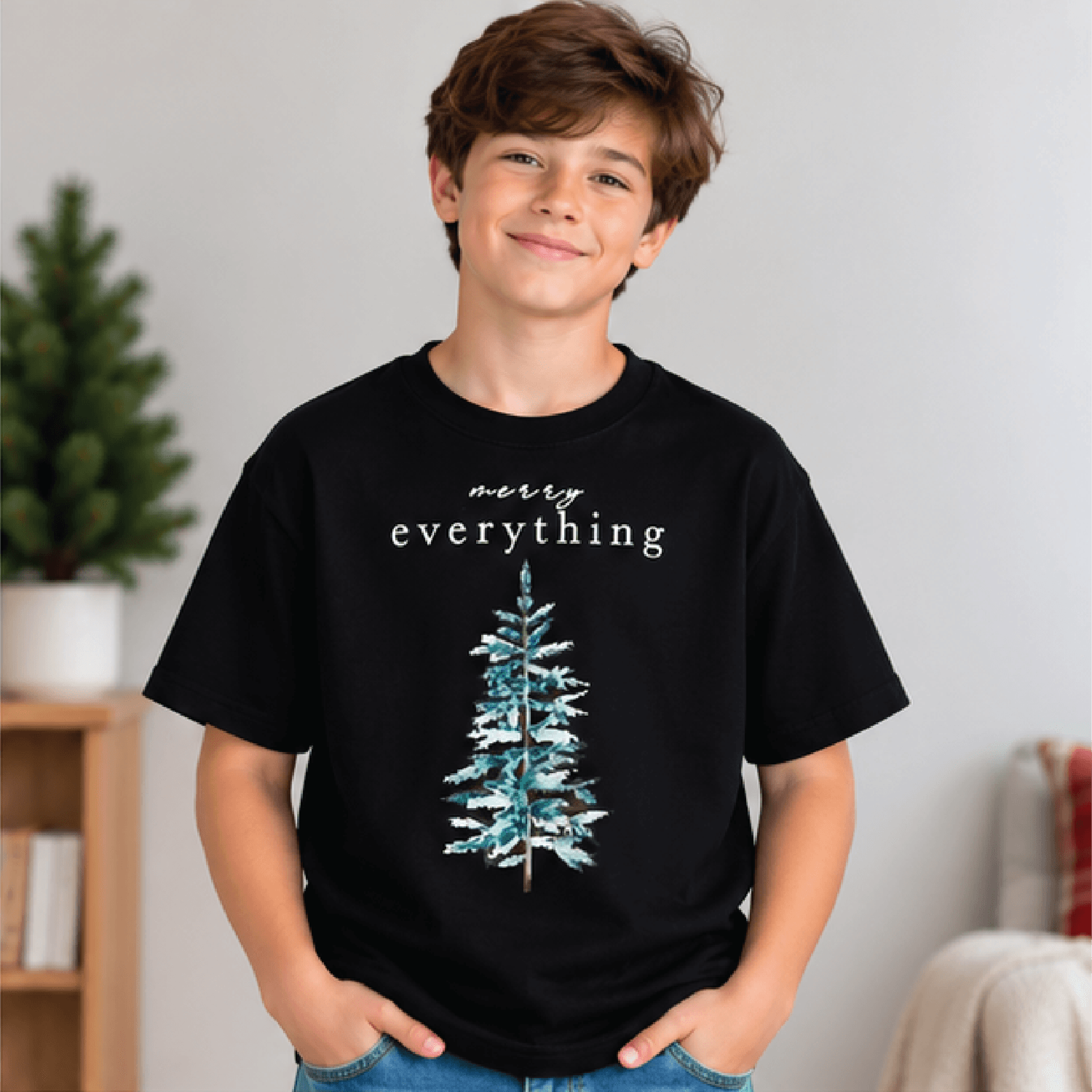 Merry Everything Christmas Sweatshirt Kids Holiday Crewneck Youth Vintage Tree Sweater Neutral Rust 1