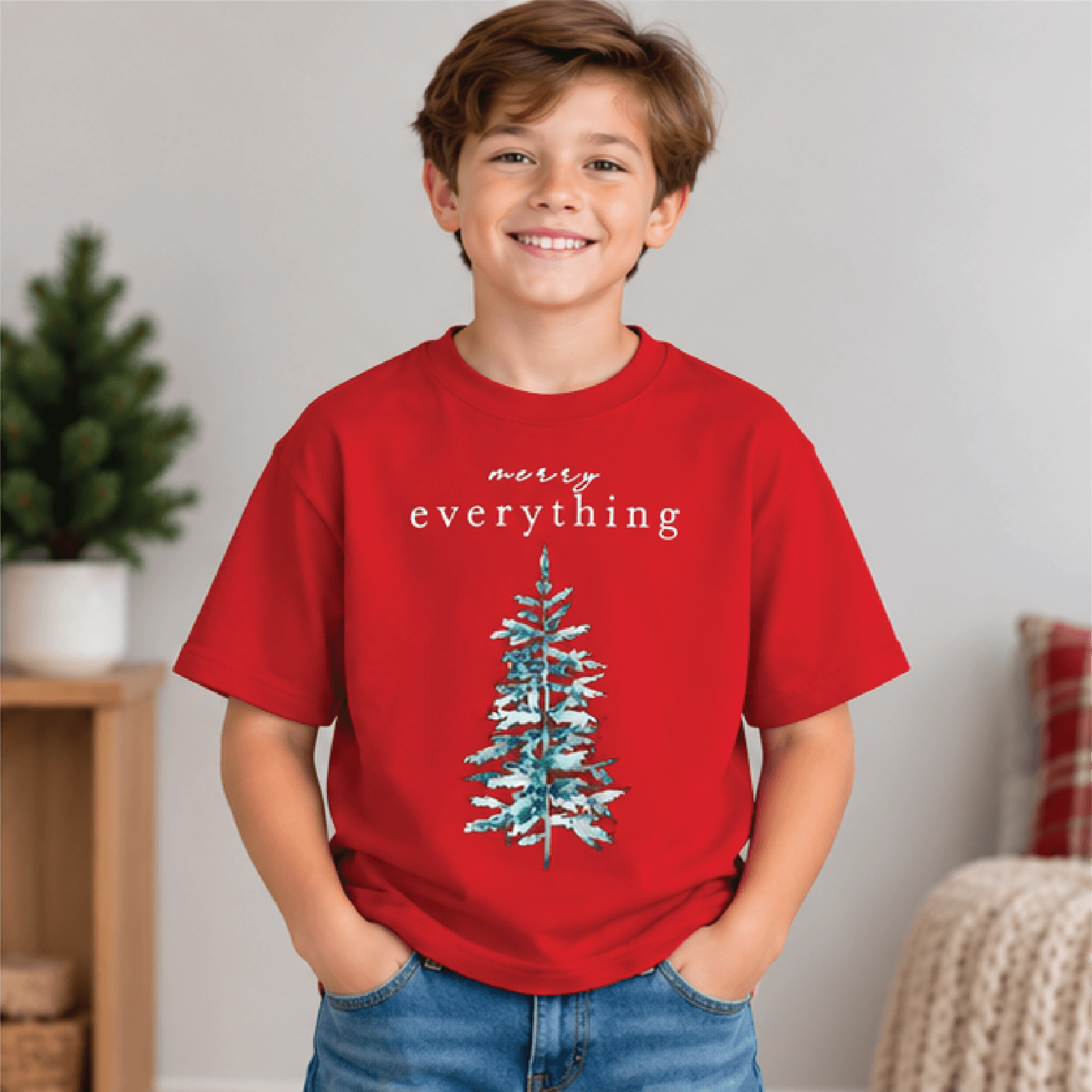 Merry Everything Christmas Sweatshirt Kids Holiday Crewneck Youth Vintage Tree Sweater Neutral Rust 3