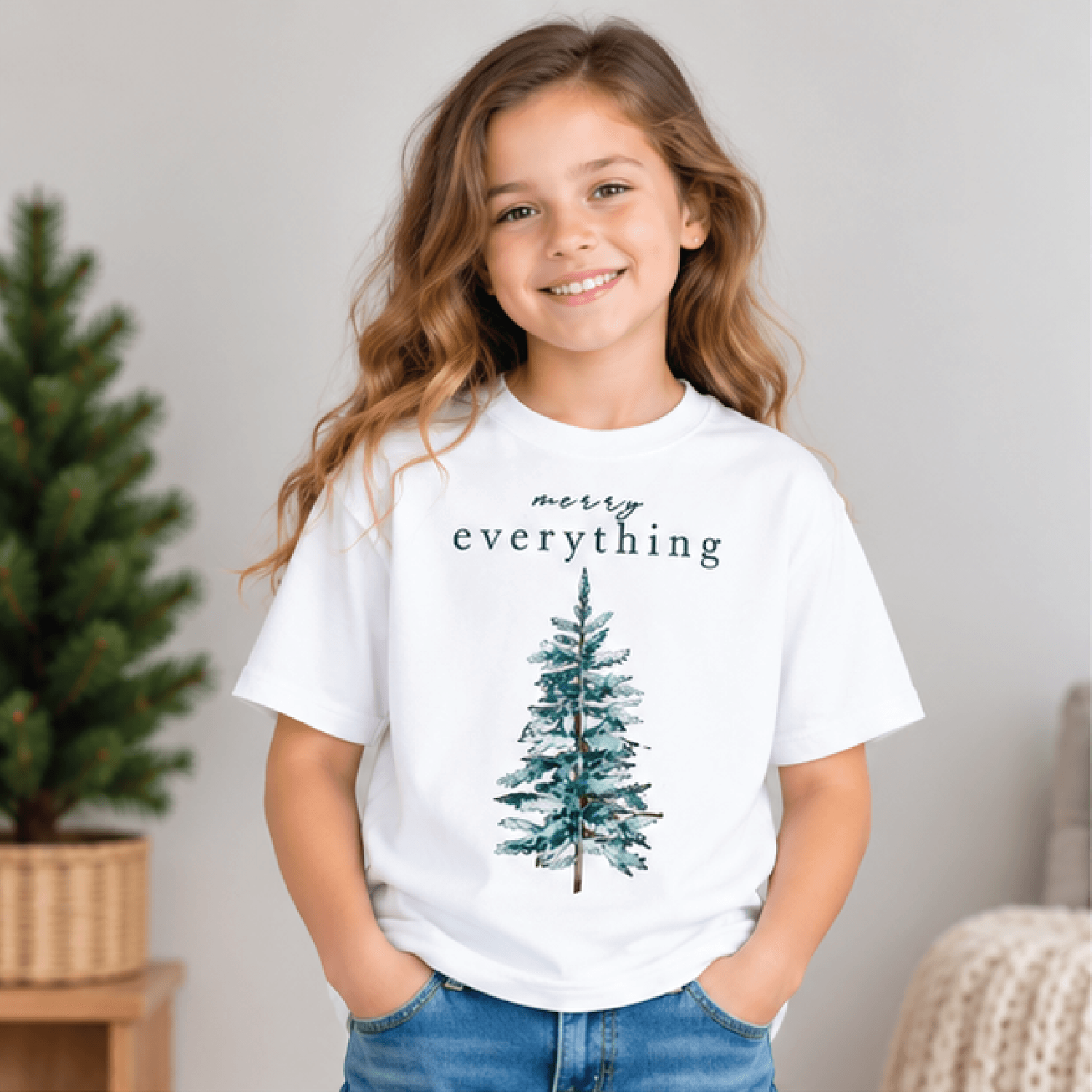 Merry Everything Christmas Sweatshirt Kids Holiday Crewneck Youth Vintage Tree Sweater Neutral Rust 0
