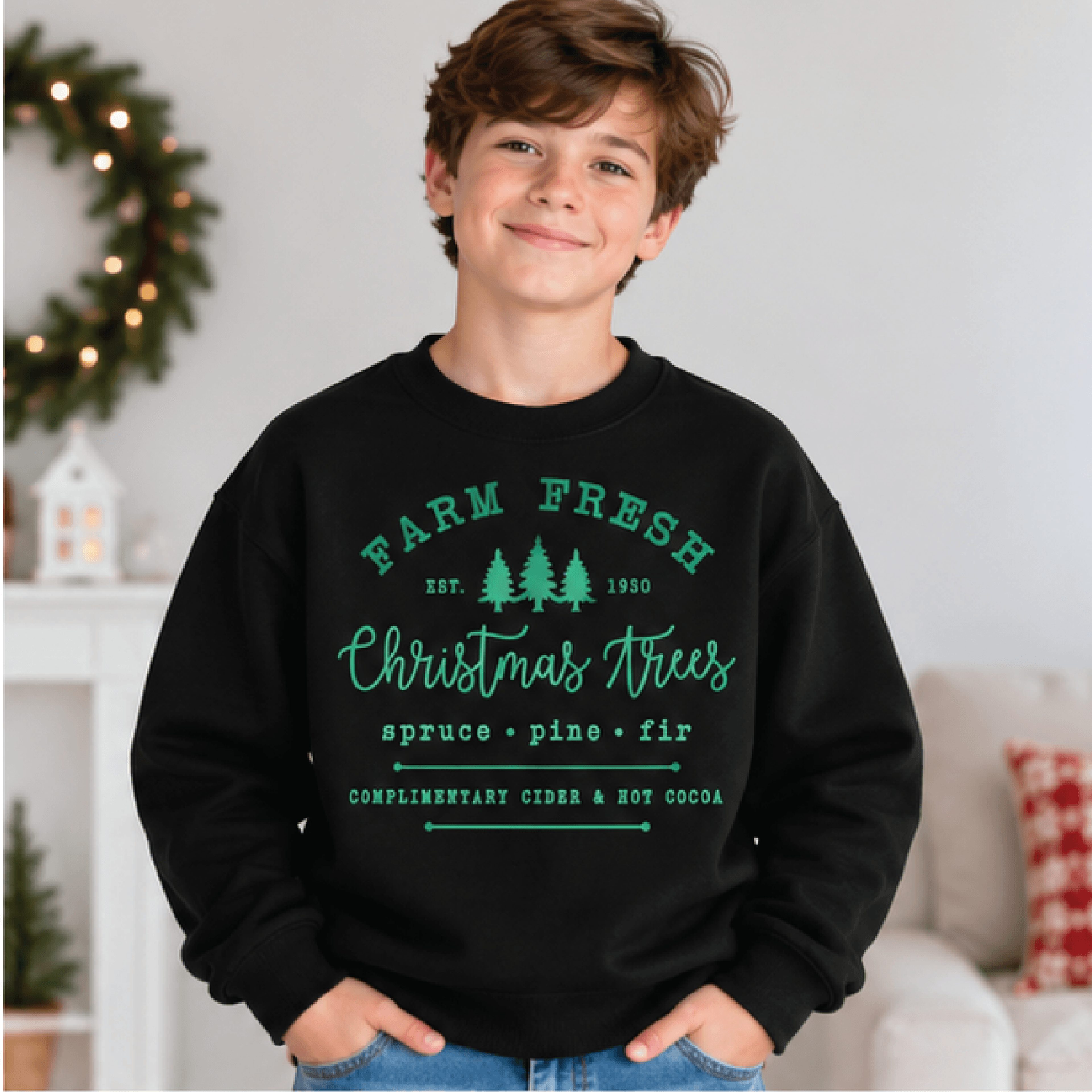 Farm Fresh Christmas Tree Sweatshirt Kids Holiday Crewneck Youth Vintage Xmas Sweater Retro Tree Fa 1
