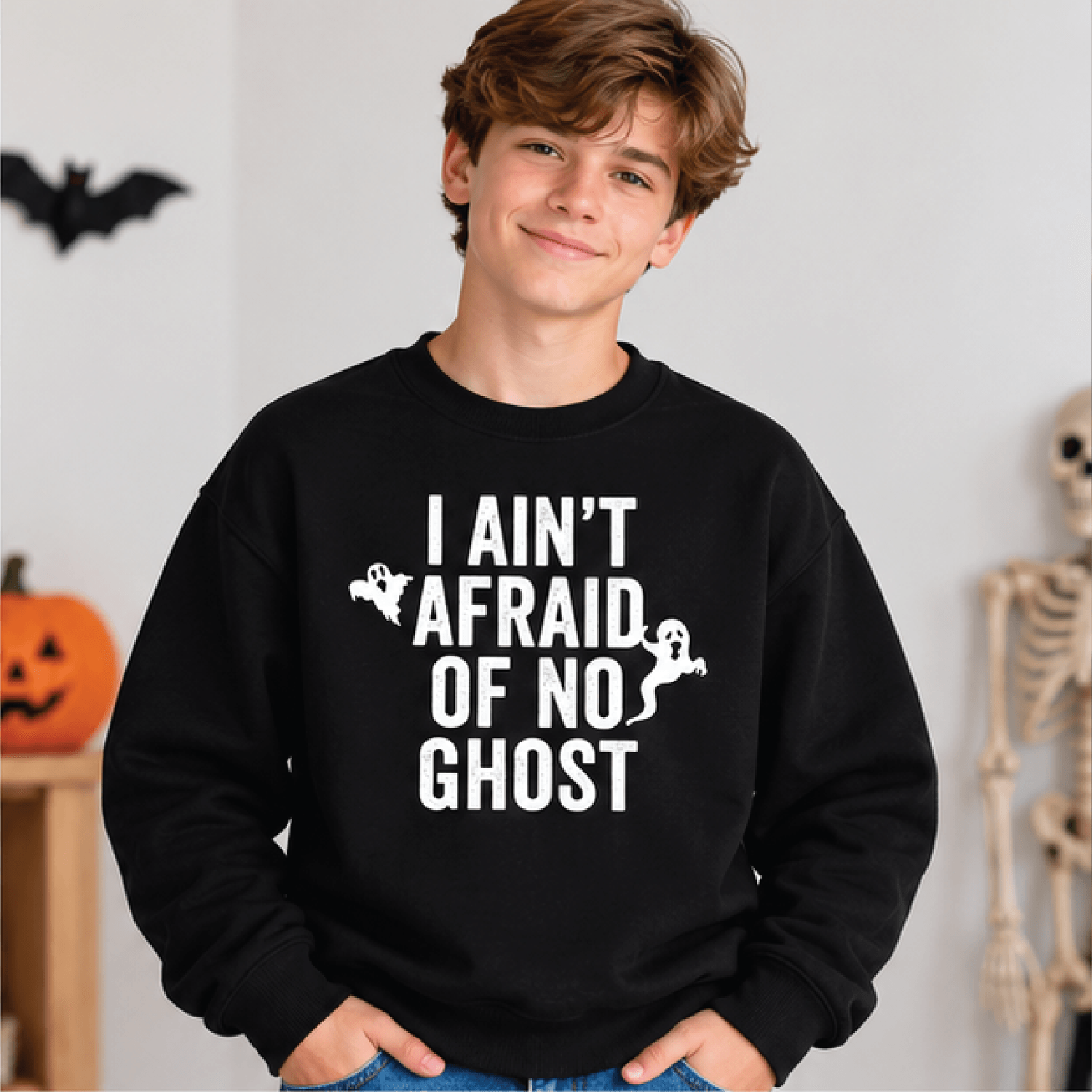 I Aint Afraid Of No Ghost Sweatshirt Kids Halloween Crewneck Youth Spooky Ghost Sweater Retro Trick 3