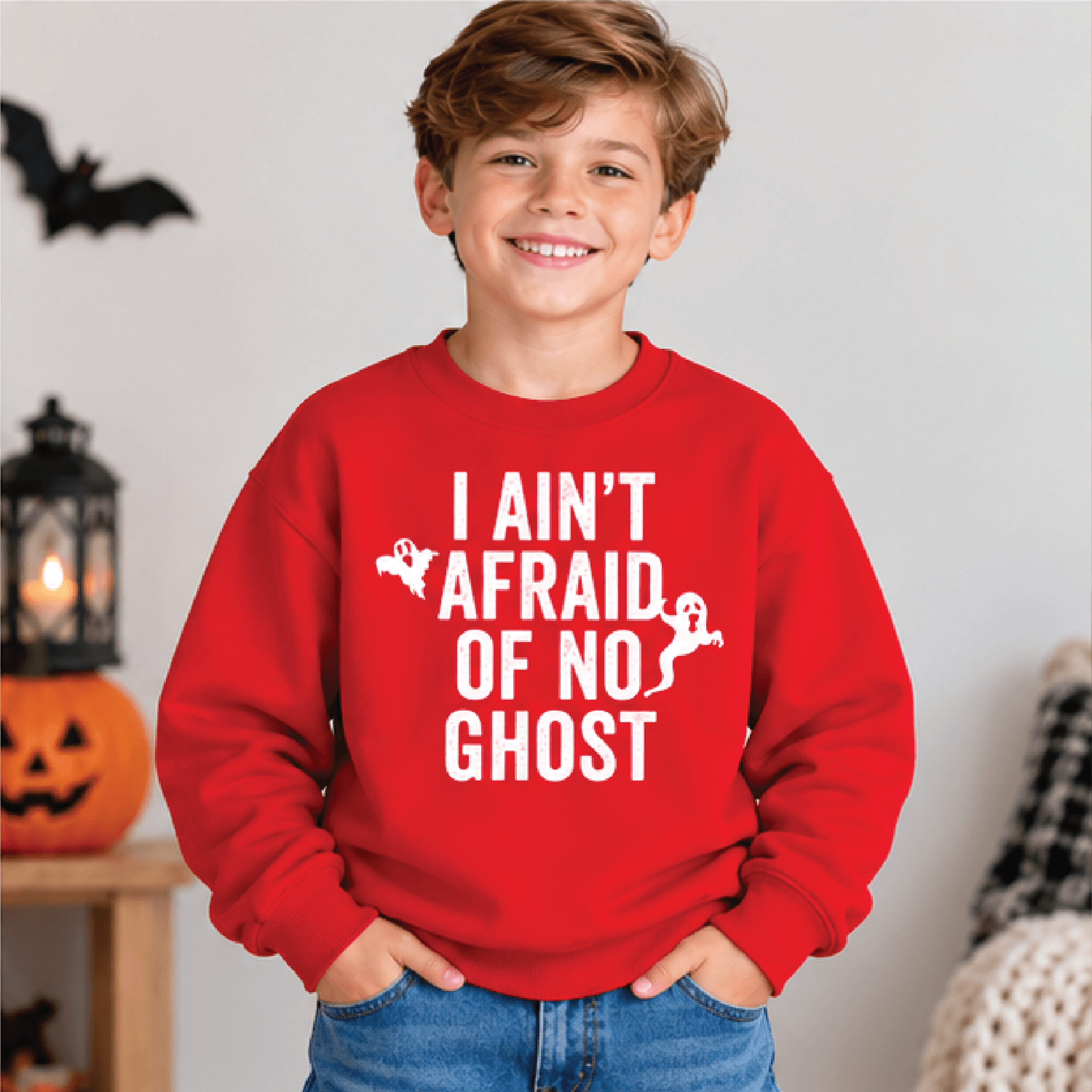 I Aint Afraid Of No Ghost Sweatshirt Kids Halloween Crewneck Youth Spooky Ghost Sweater Retro Trick 1