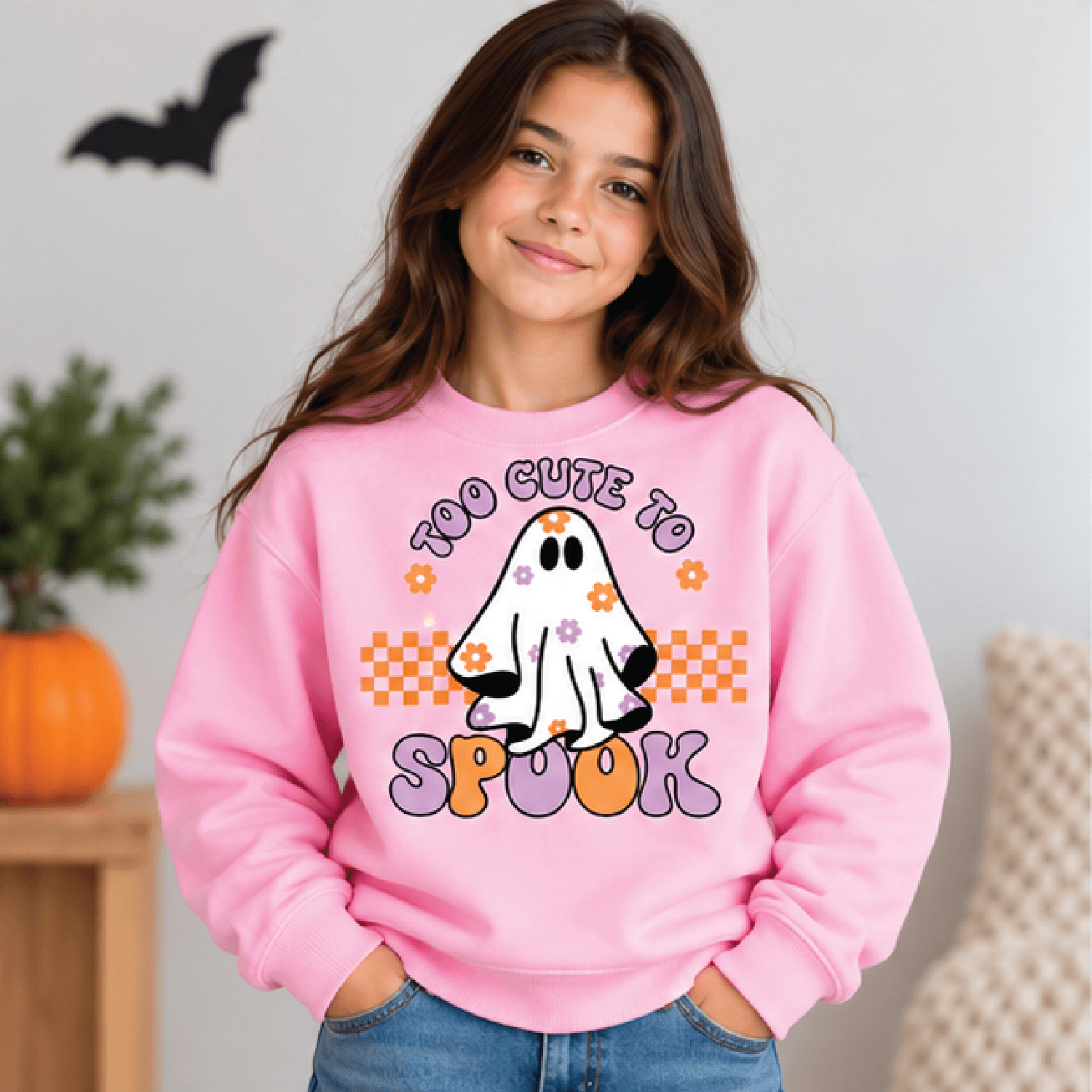 Too Cute To Spook Halloween Sweatshirt Kids Ghost Crewneck Youth Spooky Season Sweater Cute Trick O 2