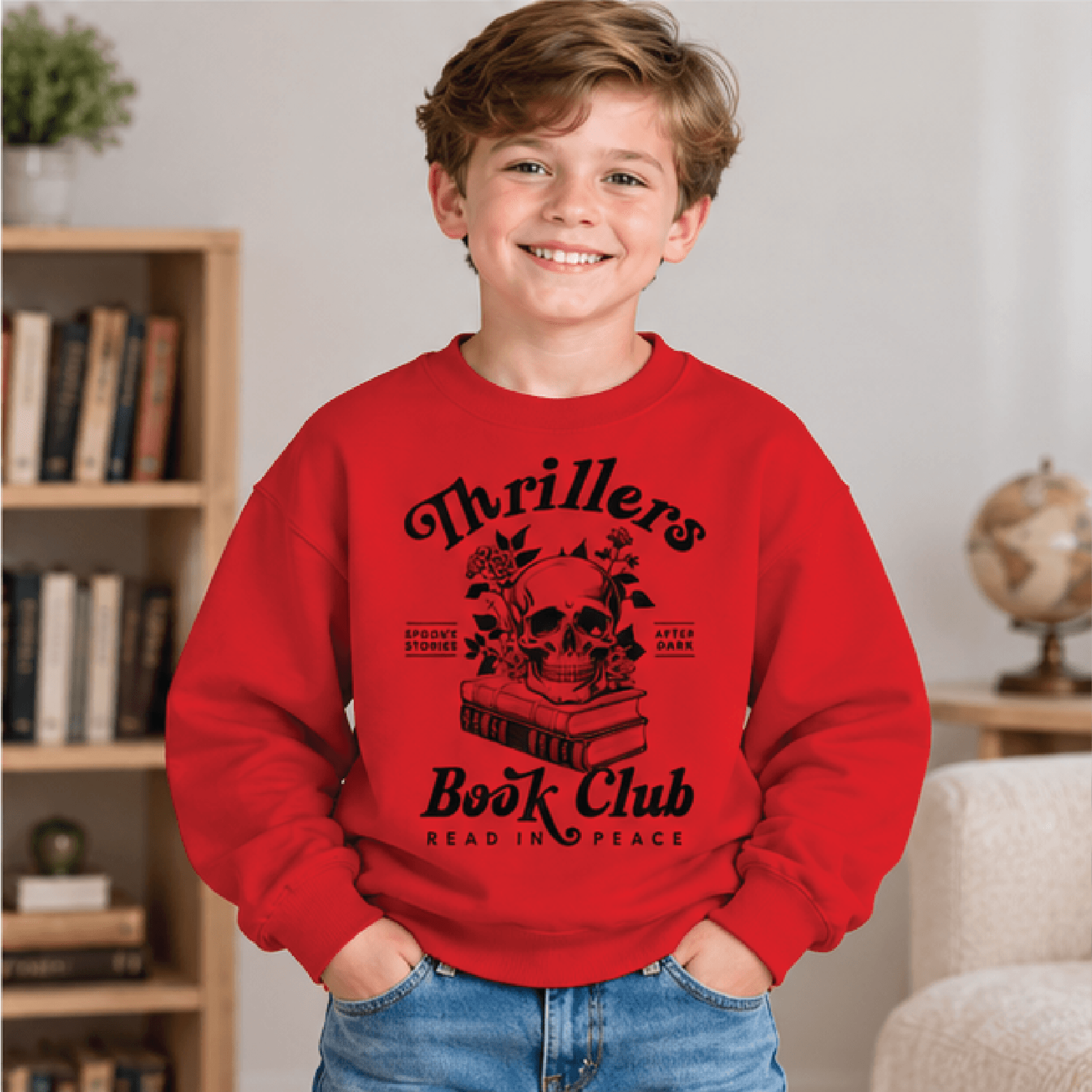 Thrillers Book Club Sweatshirt Kids Youth Spooky Reading Crewneck Halloween Skull Sweater Book Love 3