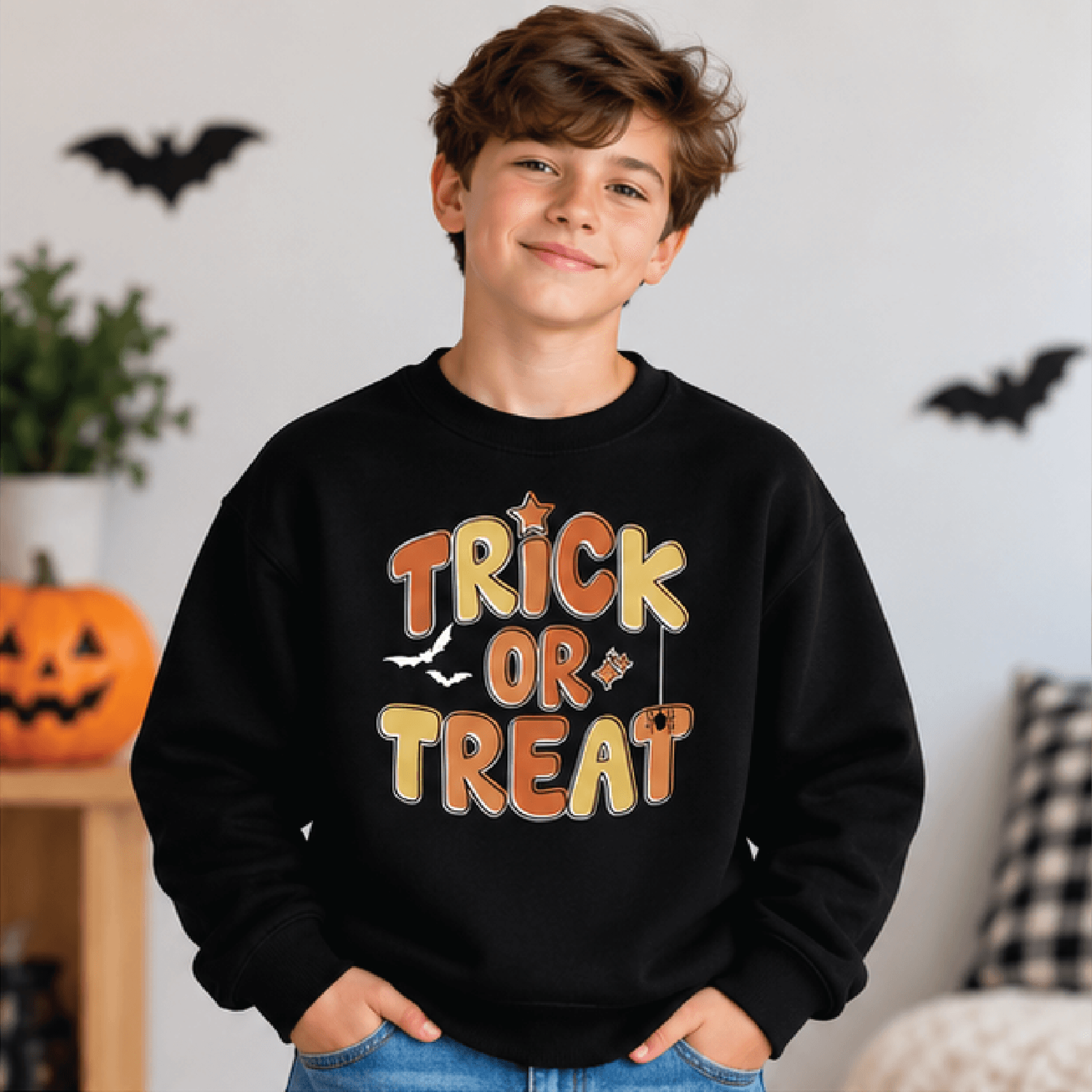 Trick Or Treat Halloween Sweatshirt Kids Spooky Crewneck Youth Retro Halloween Sweater Orange Yello 1