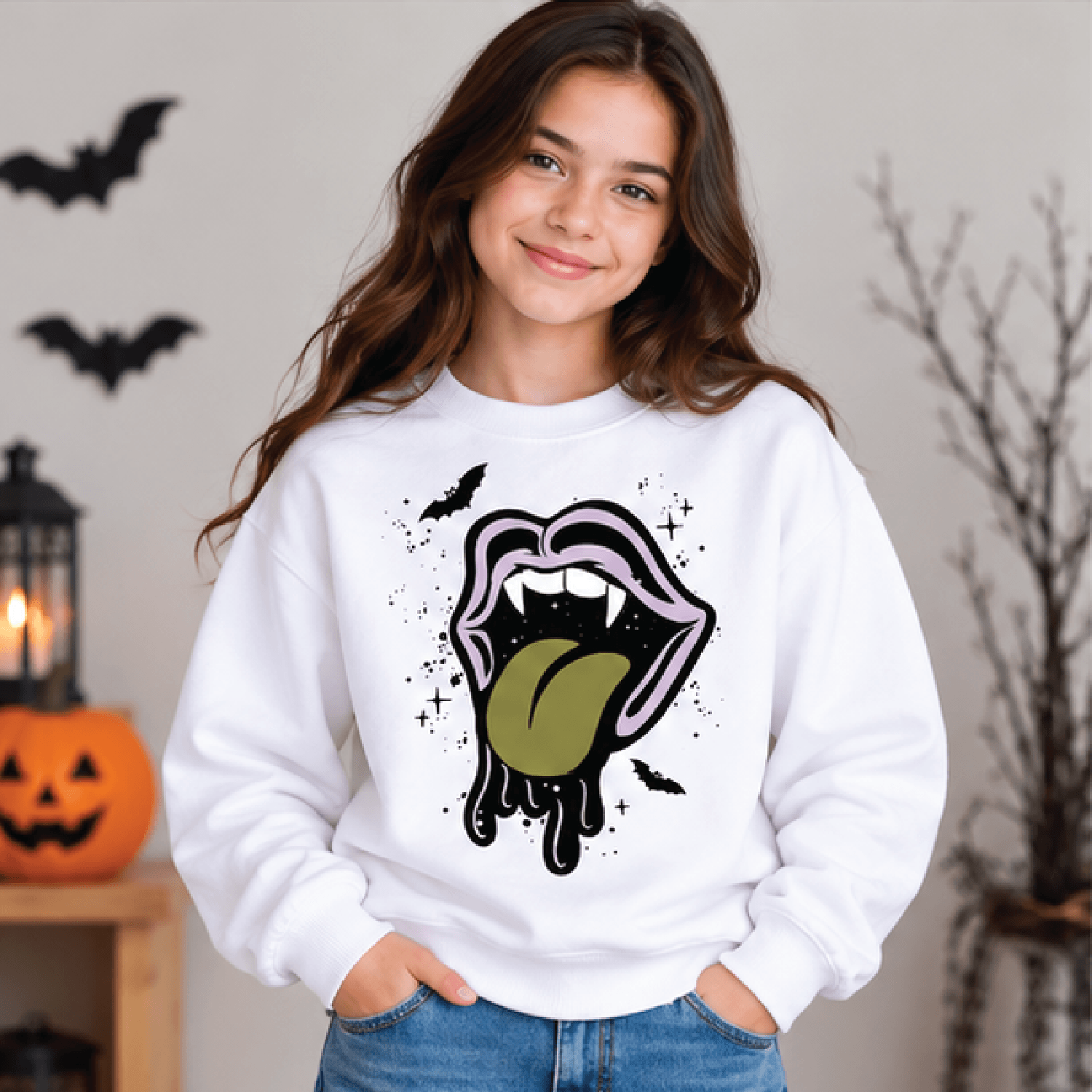 Vampire Drippy Mouth Halloween Sweatshirt Kids Spooky Crewneck Youth Vampire Fang Sweater Gothic Ha 2