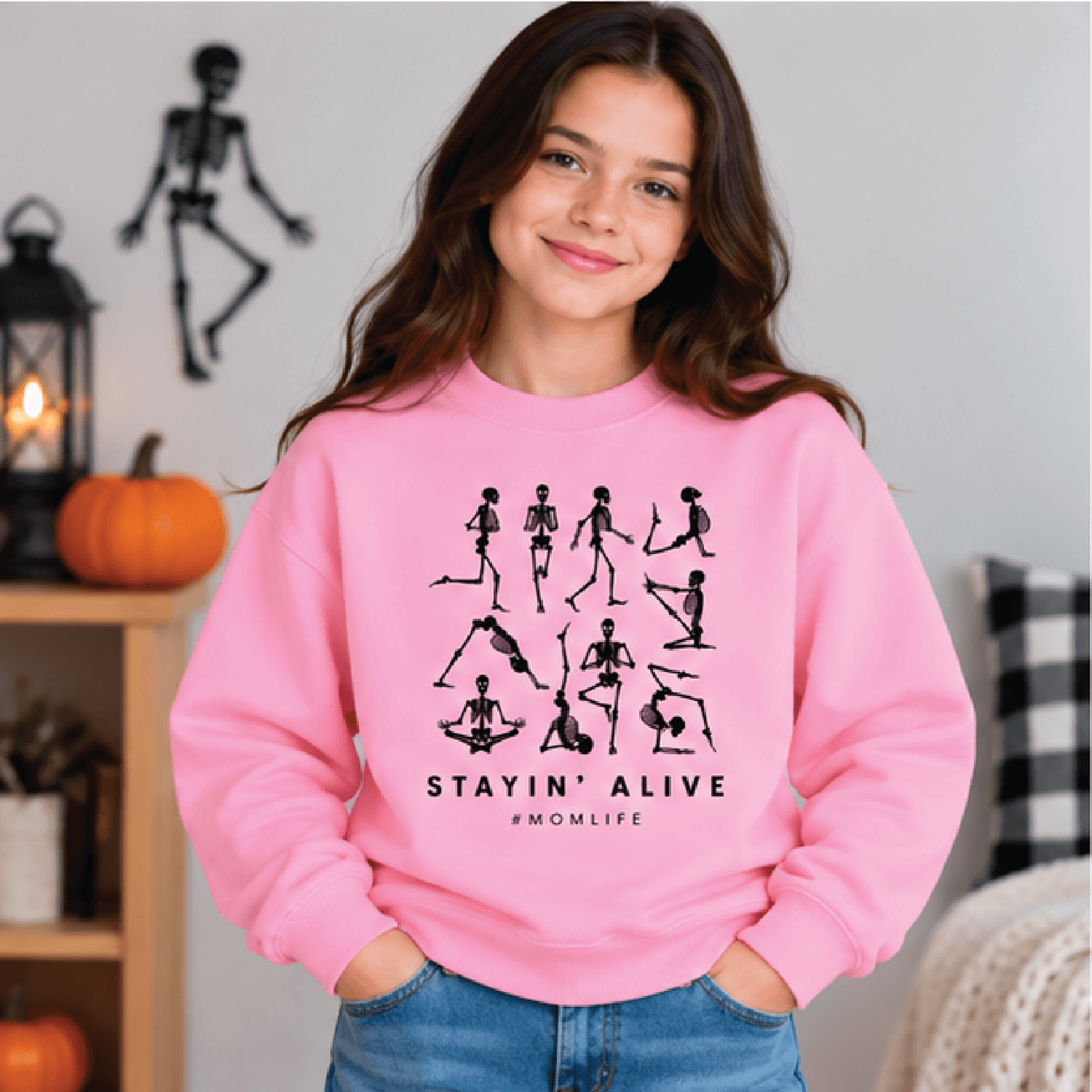 Stayin Alive Halloween Sweatshirt Kids Skeleton Crewneck Youth Spooky Fall Sweater Funny Retro Hall 2