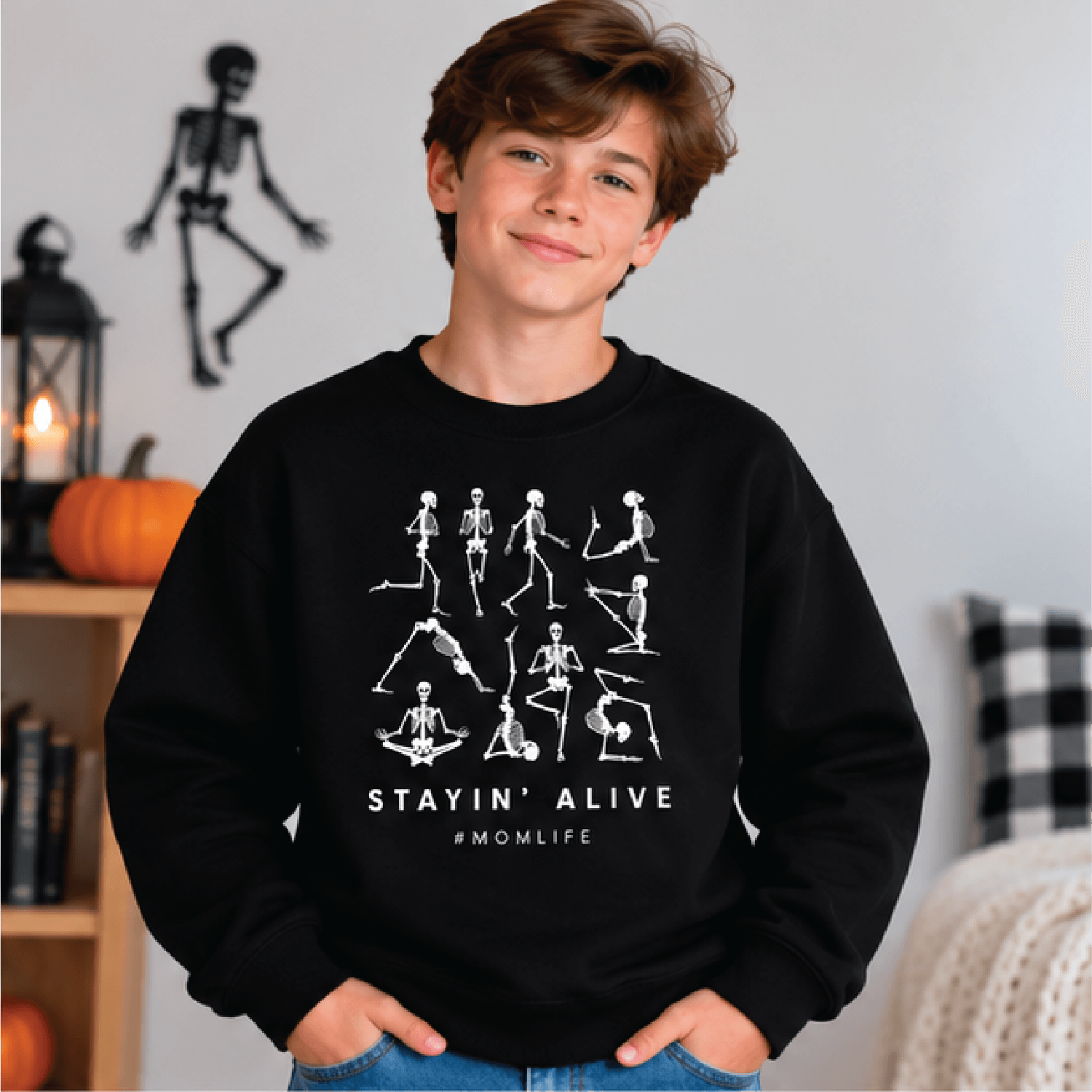Stayin Alive Halloween Sweatshirt Kids Skeleton Crewneck Youth Spooky Fall Sweater Funny Retro Hall 1