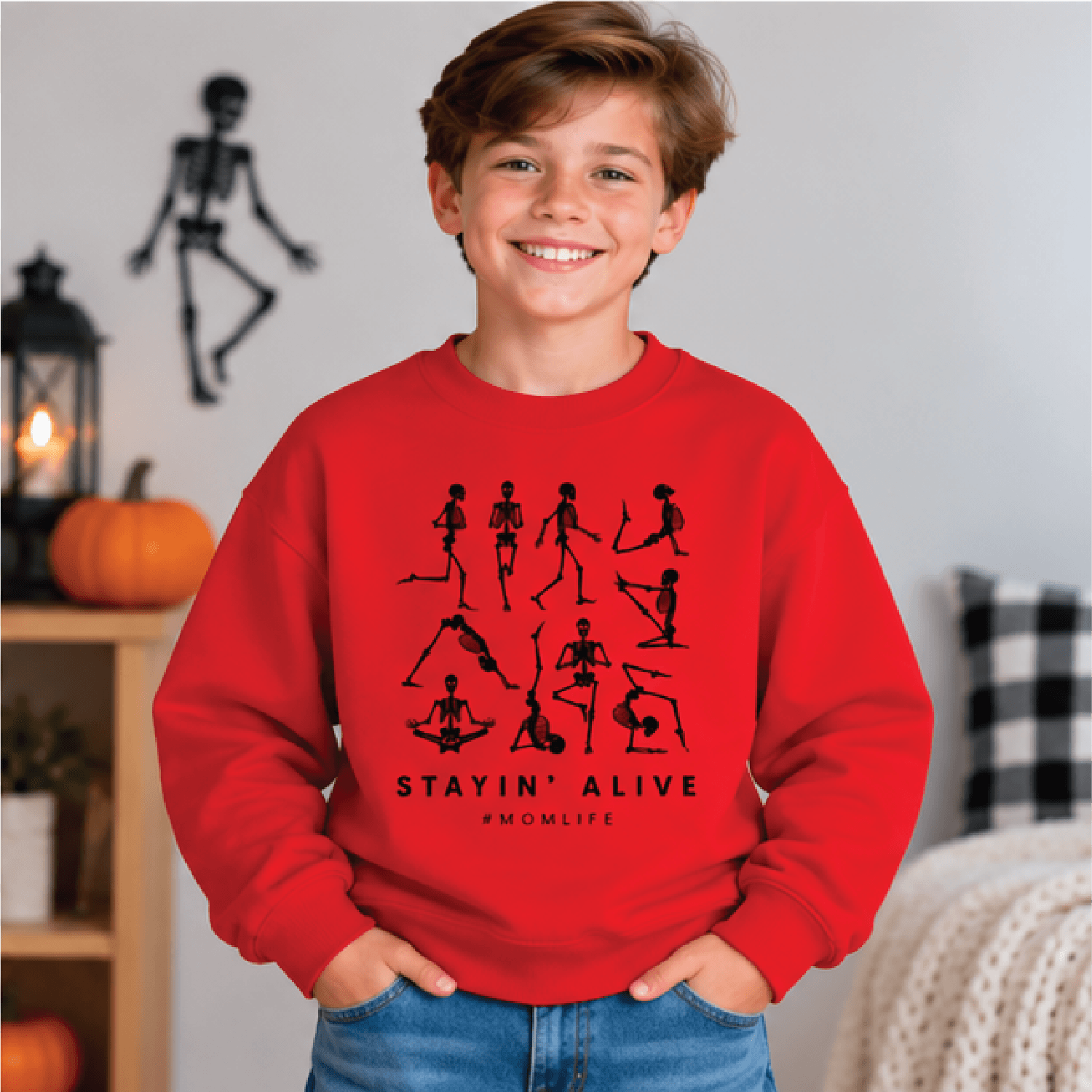 Stayin Alive Halloween Sweatshirt Kids Skeleton Crewneck Youth Spooky Fall Sweater Funny Retro Hall 3
