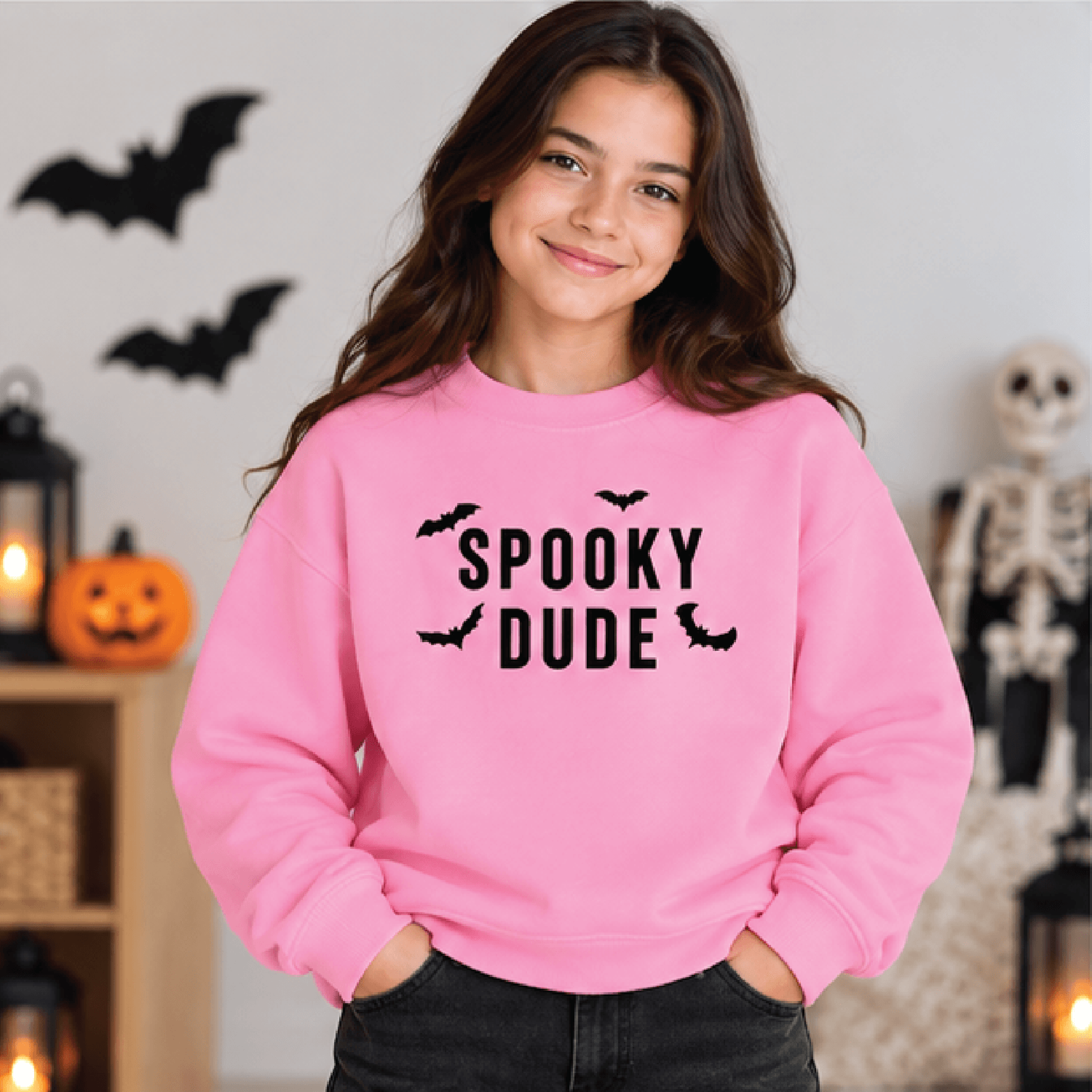 Spooky Dude Halloween Sweatshirt Kids Spooky Crewneck Youth Retro Halloween Sweater Cute Bat Trick