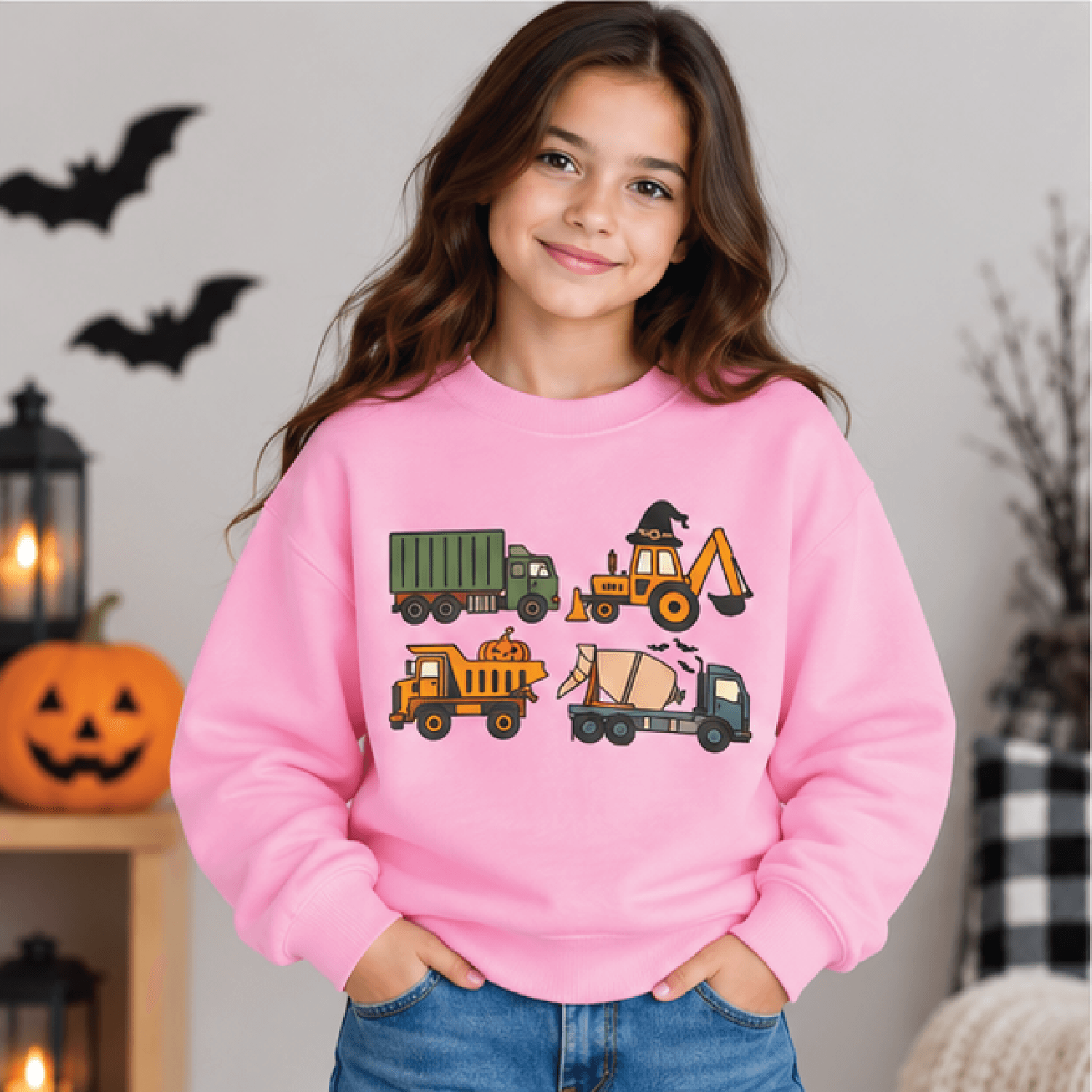 Spooky Construction Trucks Sweatshirt Kids Halloween Excavator Crewneck Youth Construction Vehicle  2