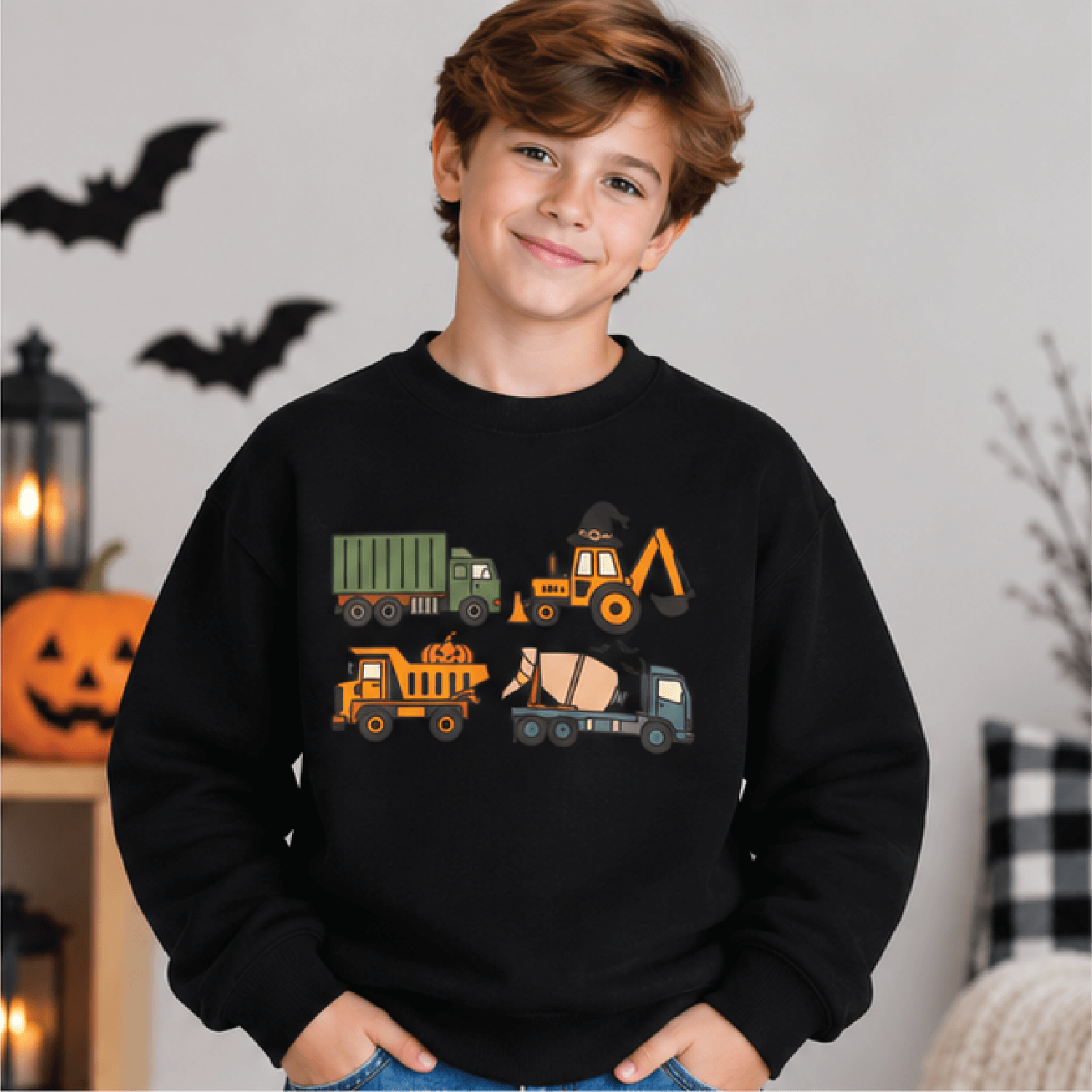 Spooky Construction Trucks Sweatshirt Kids Halloween Excavator Crewneck Youth Construction Vehicle  1