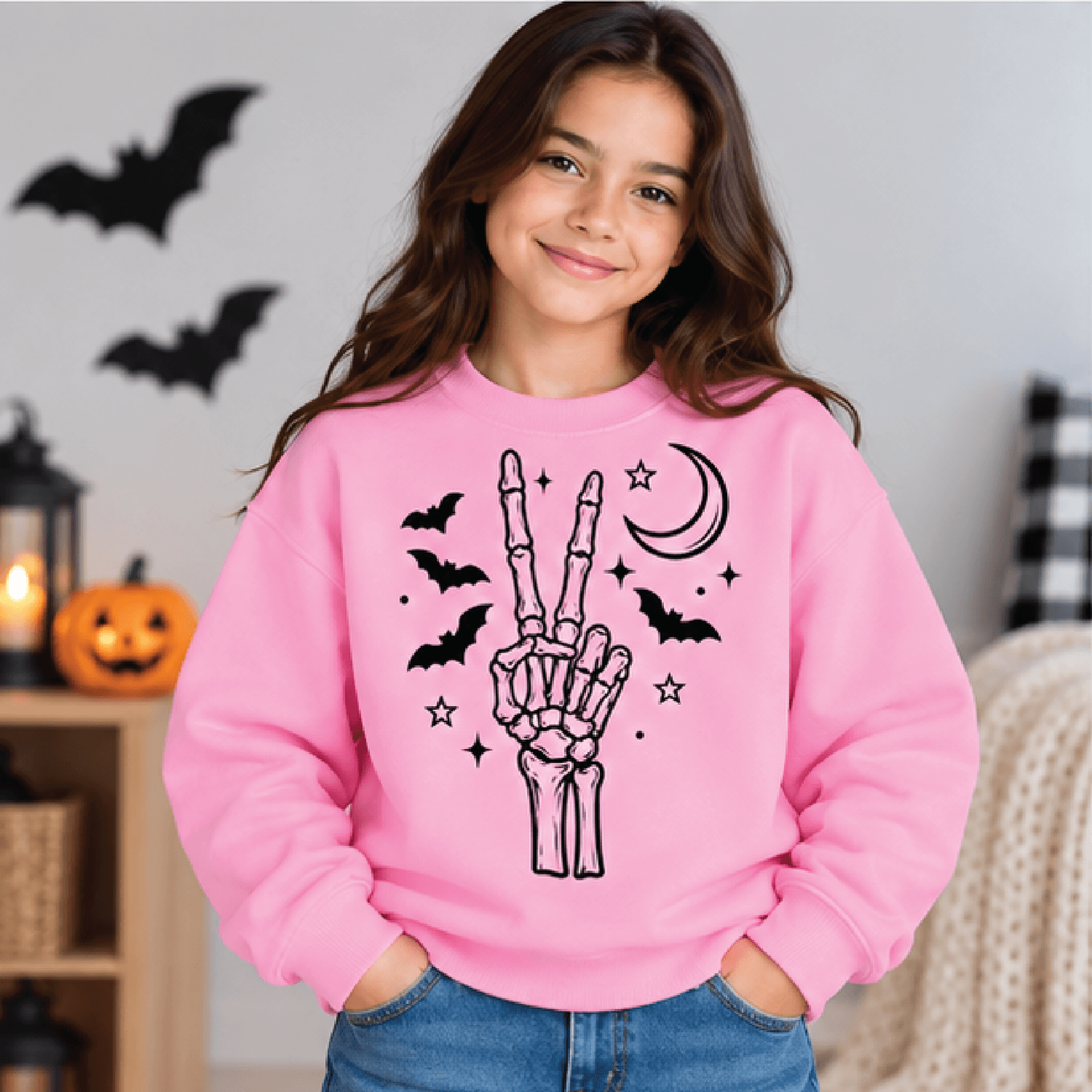 Peace Skeleton Halloween Sweatshirt Kids Spooky Crewneck Youth Skeleton Sweater Retro Peace Sign Ha 2
