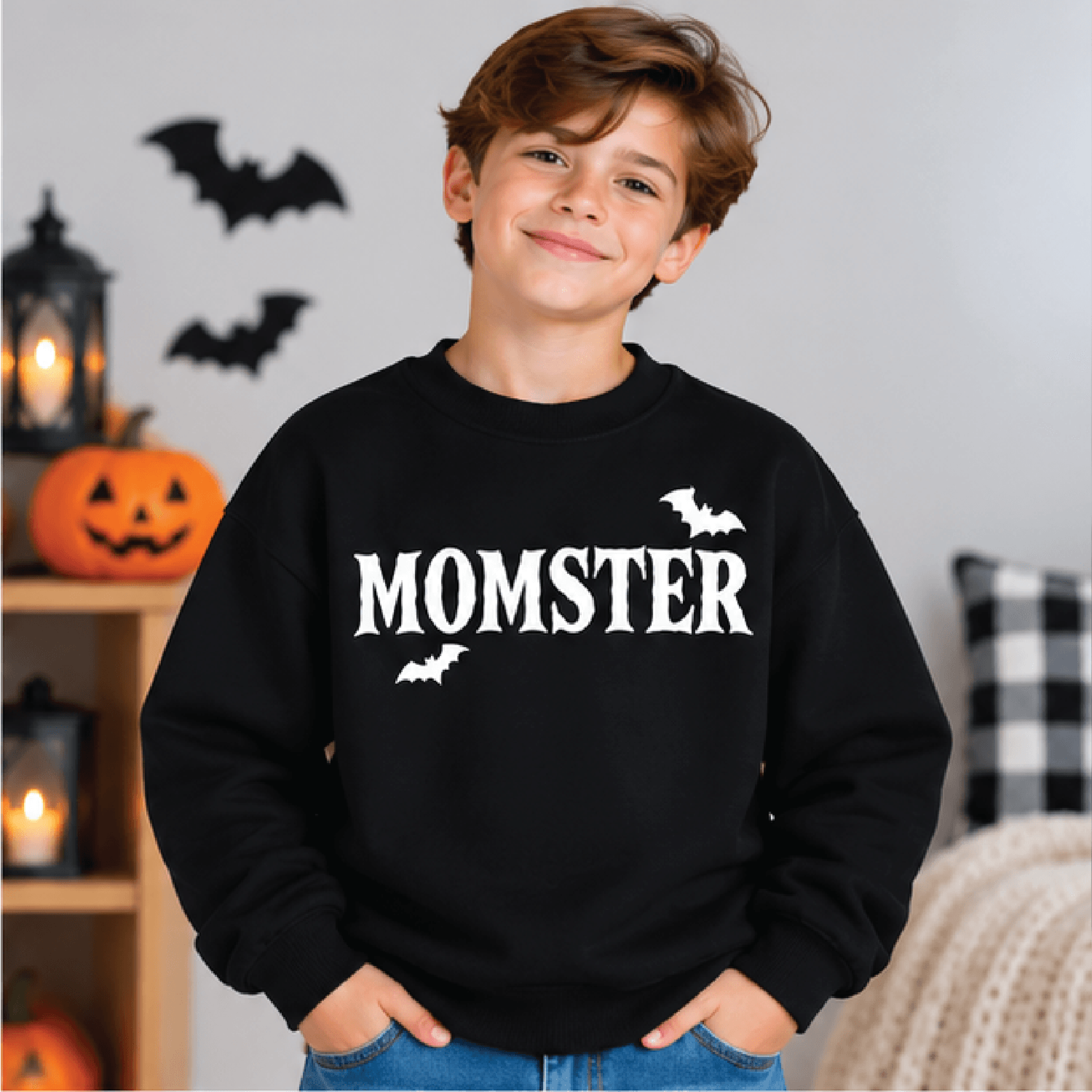 Momster Halloween Sweatshirt Kids Youth Spooky Bat Crewneck Funny Monster Sweater Cute Boo Crew Fal 1