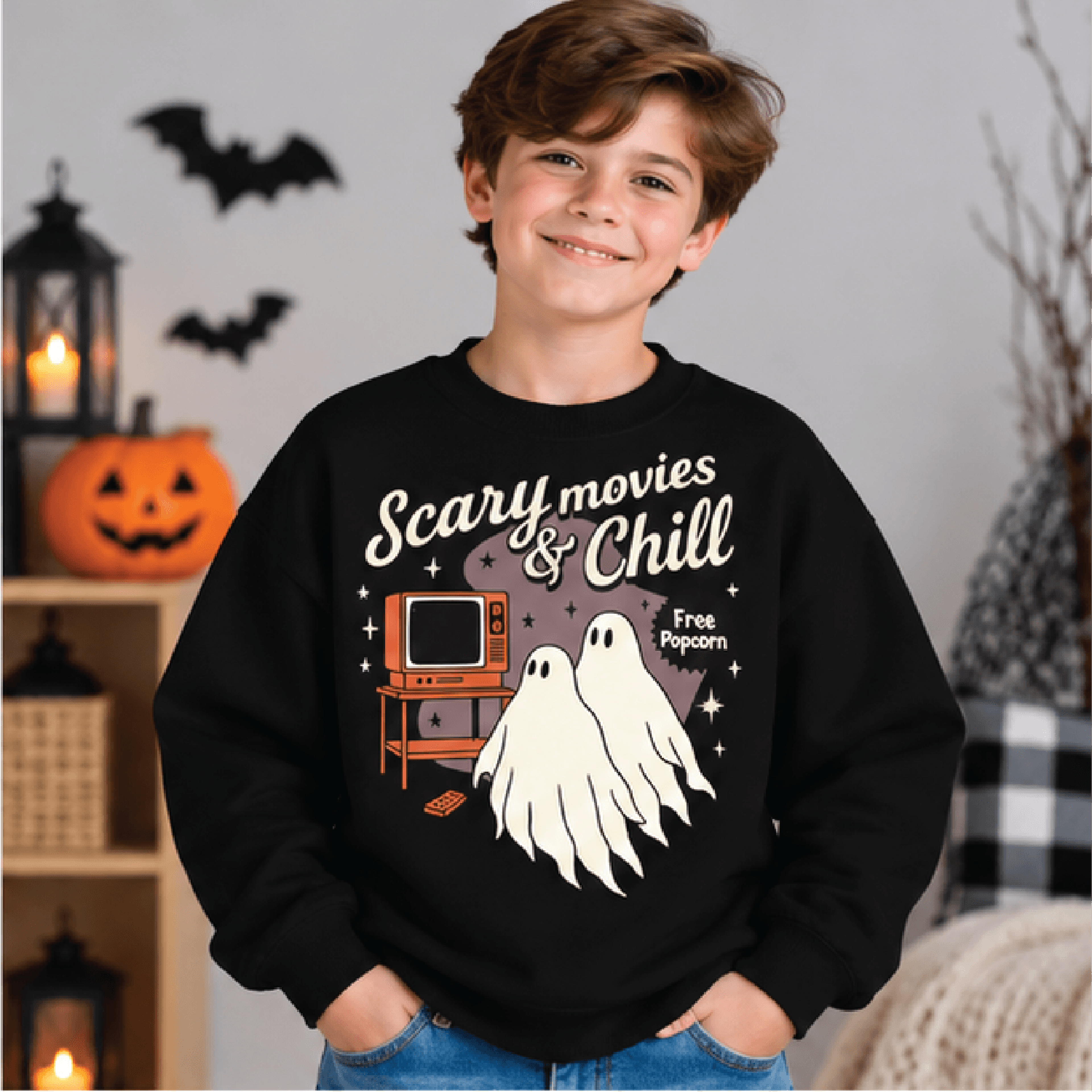 Scary Movies  Chill Sweatshirt Kids Halloween Ghost Crewneck Youth Spooky Movie Night Sweater Cute  1