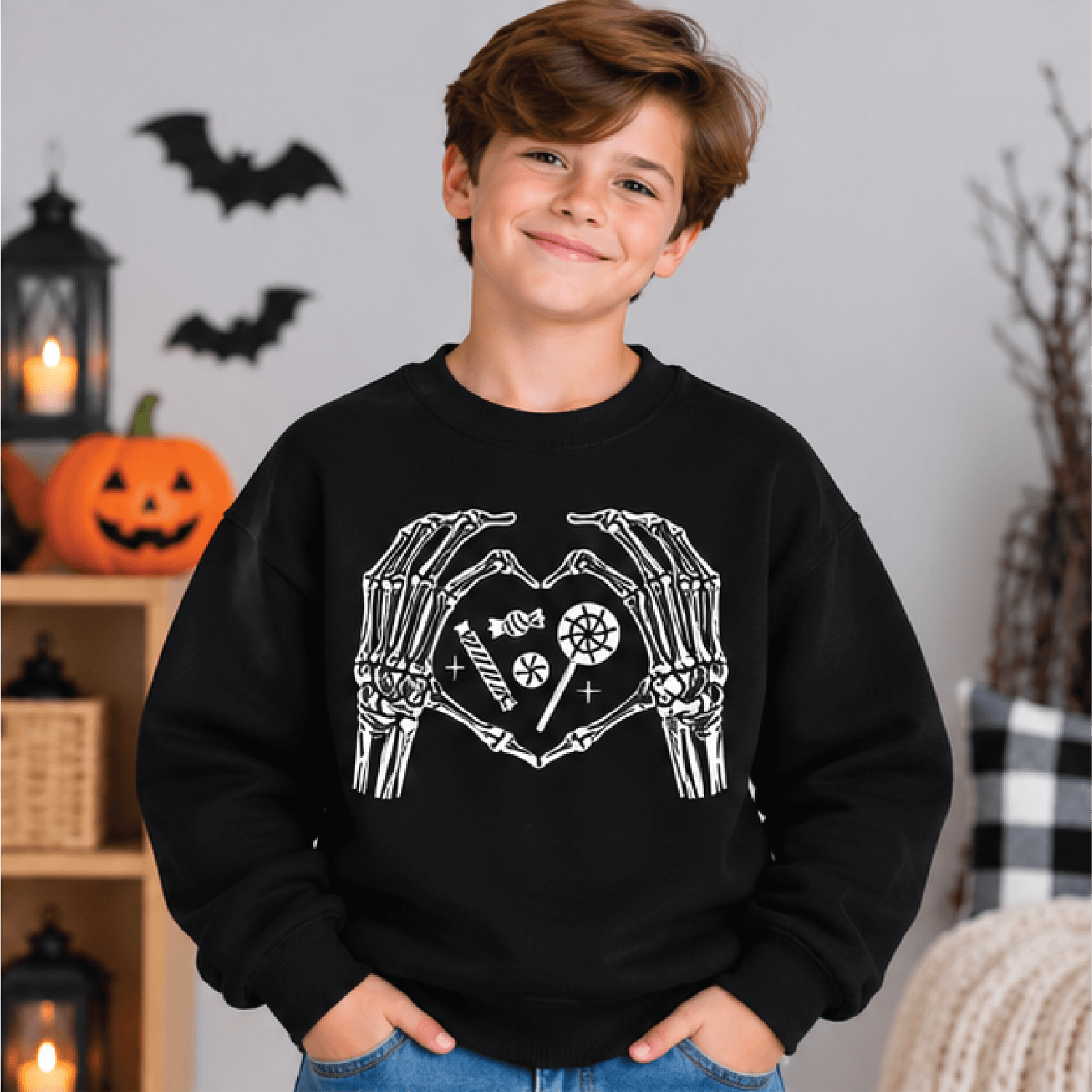 Skeleton Heart Hands Halloween Sweatshirt Kids Spooky Crewneck Youth Creepy Cute Skeleton Sweater H 1