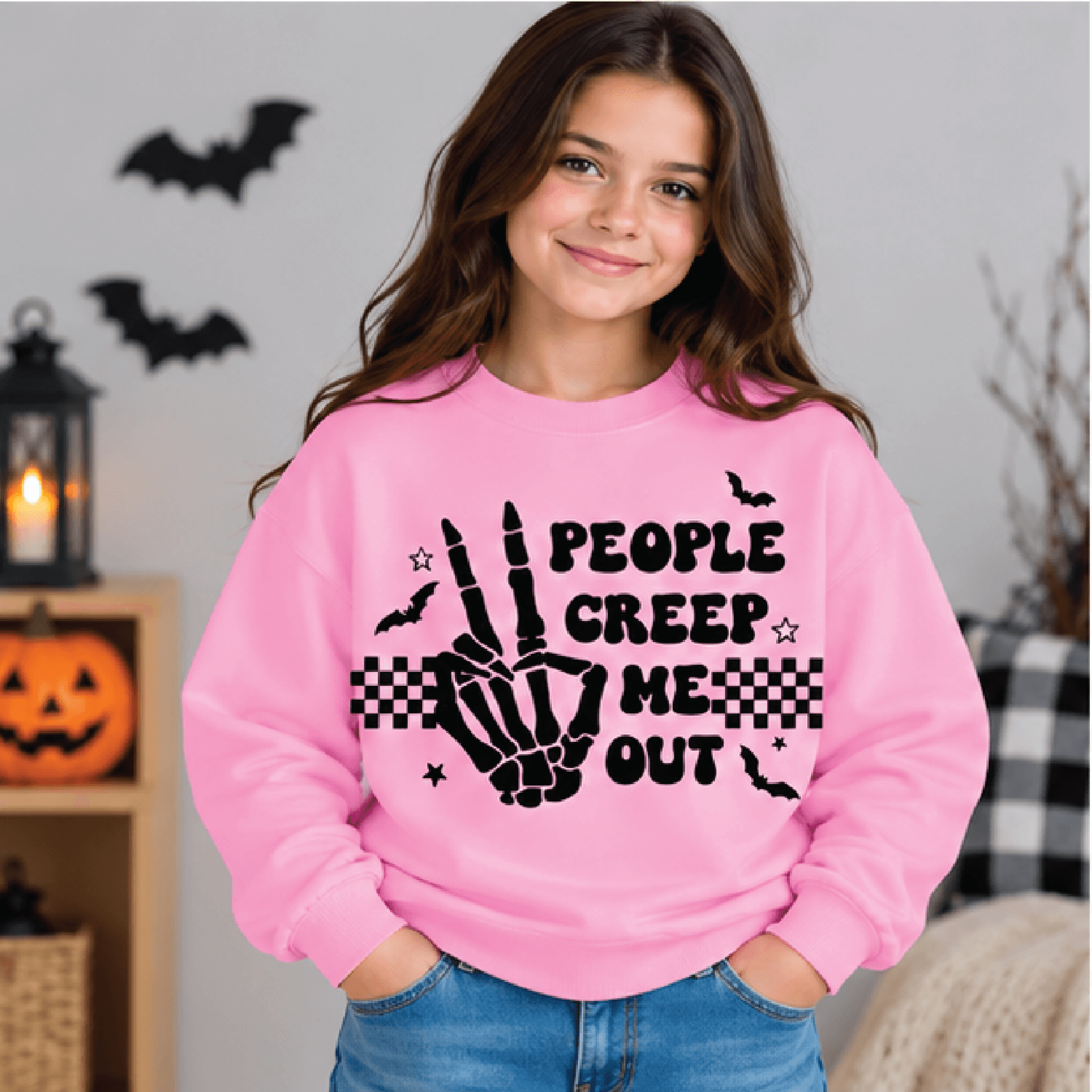 People Creep Me Out Halloween Sweatshirt Kids Skeleton Crewneck Youth Spooky Bat Sweater Retro Hall 2