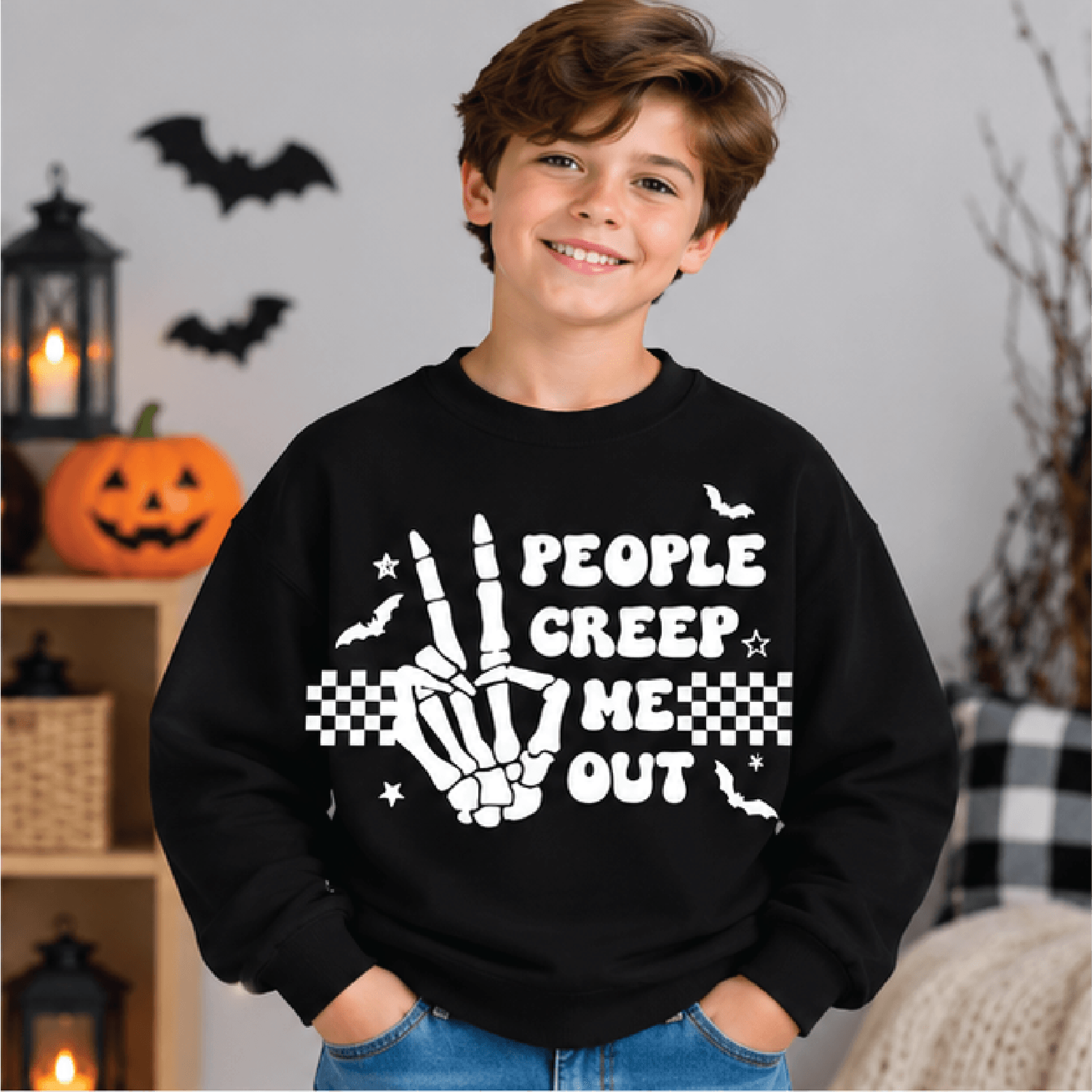 People Creep Me Out Halloween Sweatshirt Kids Skeleton Crewneck Youth Spooky Bat Sweater Retro Hall 1
