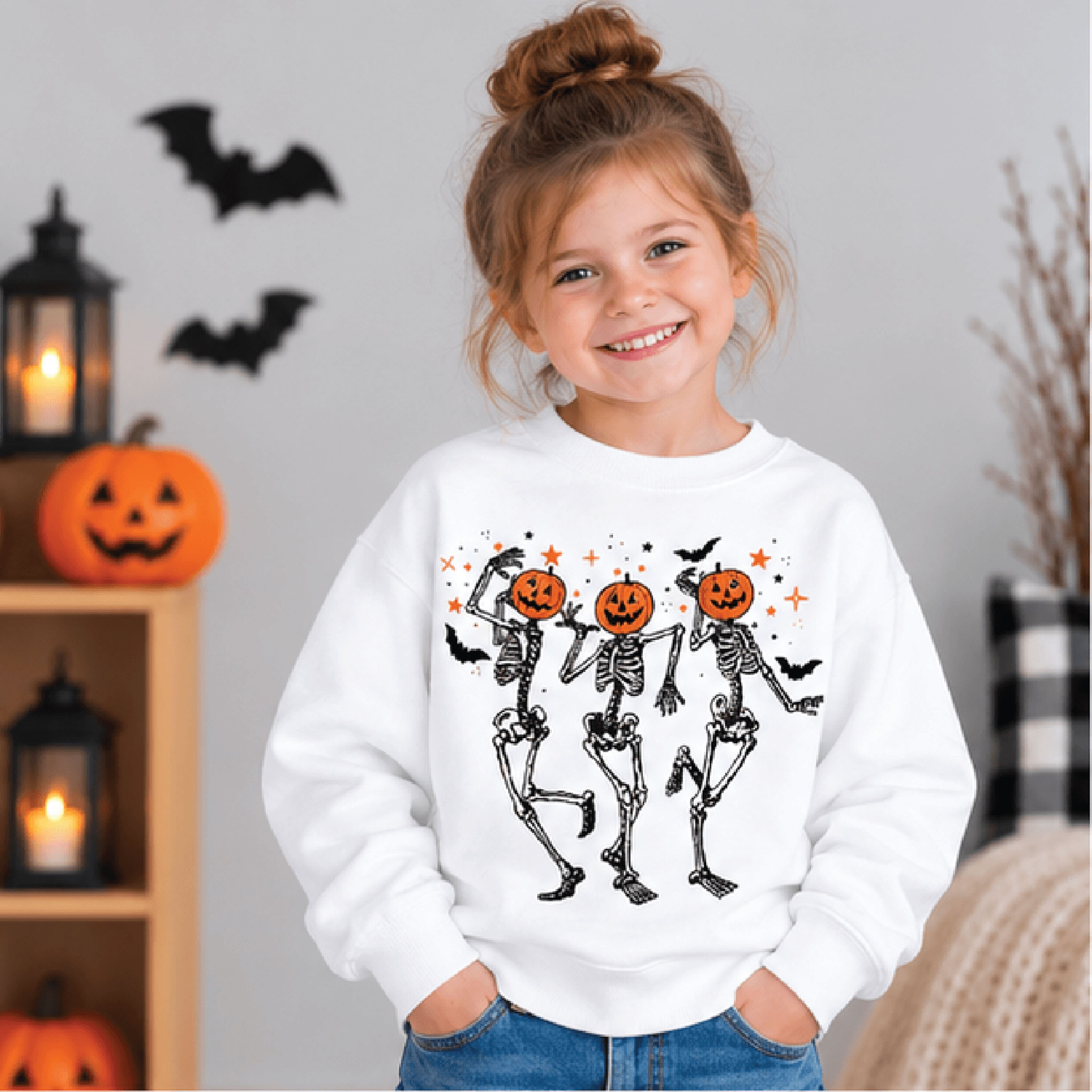Pumpkin Head Dancing Skeletons Sweatshirt Kids Halloween Crewneck Youth Spooky Skeleton Sweater Ret 0