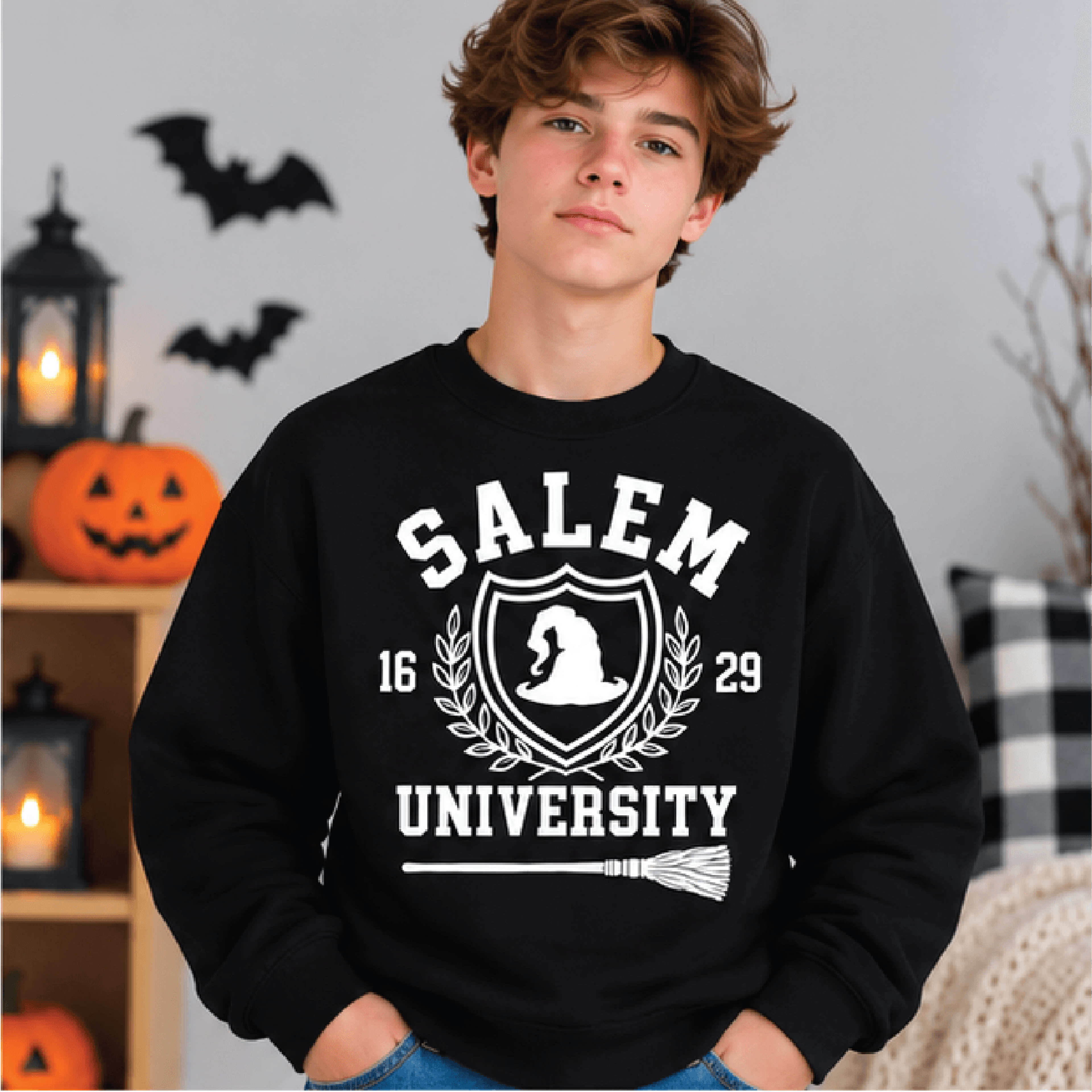 Salem University Halloween Sweatshirt Kids Witch Crewneck Youth Spooky Witch Hat Sweater Retro Witc 1
