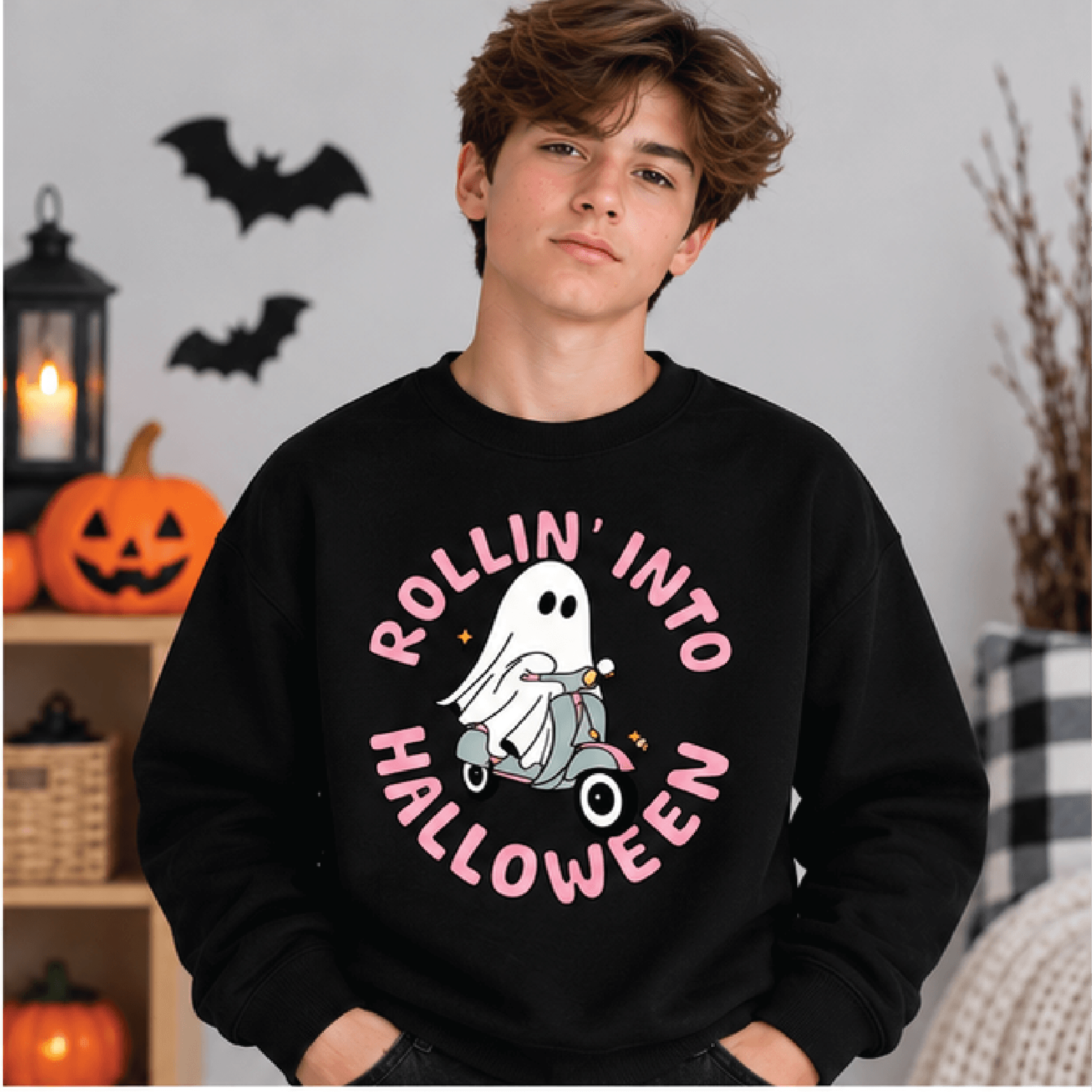 Rollin Into Halloween Sweatshirt Kids Ghost Scooter Crewneck Youth Spooky Season Sweater Cute Trick 1