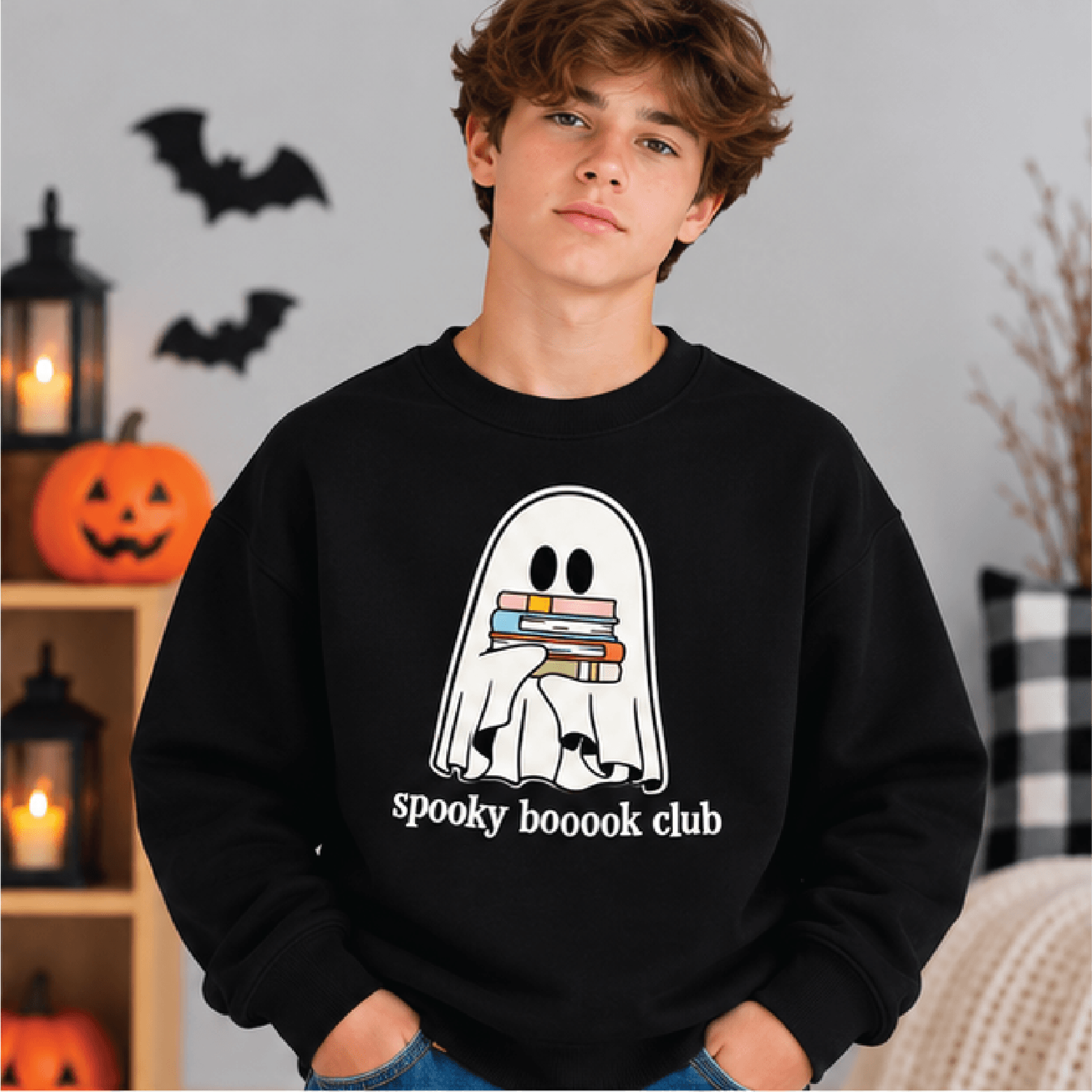 Spooky Boooook Club Sweatshirt Kids Youth Unisex Halloween Crewneck Cute Ghost Book Lover Sweater F 1