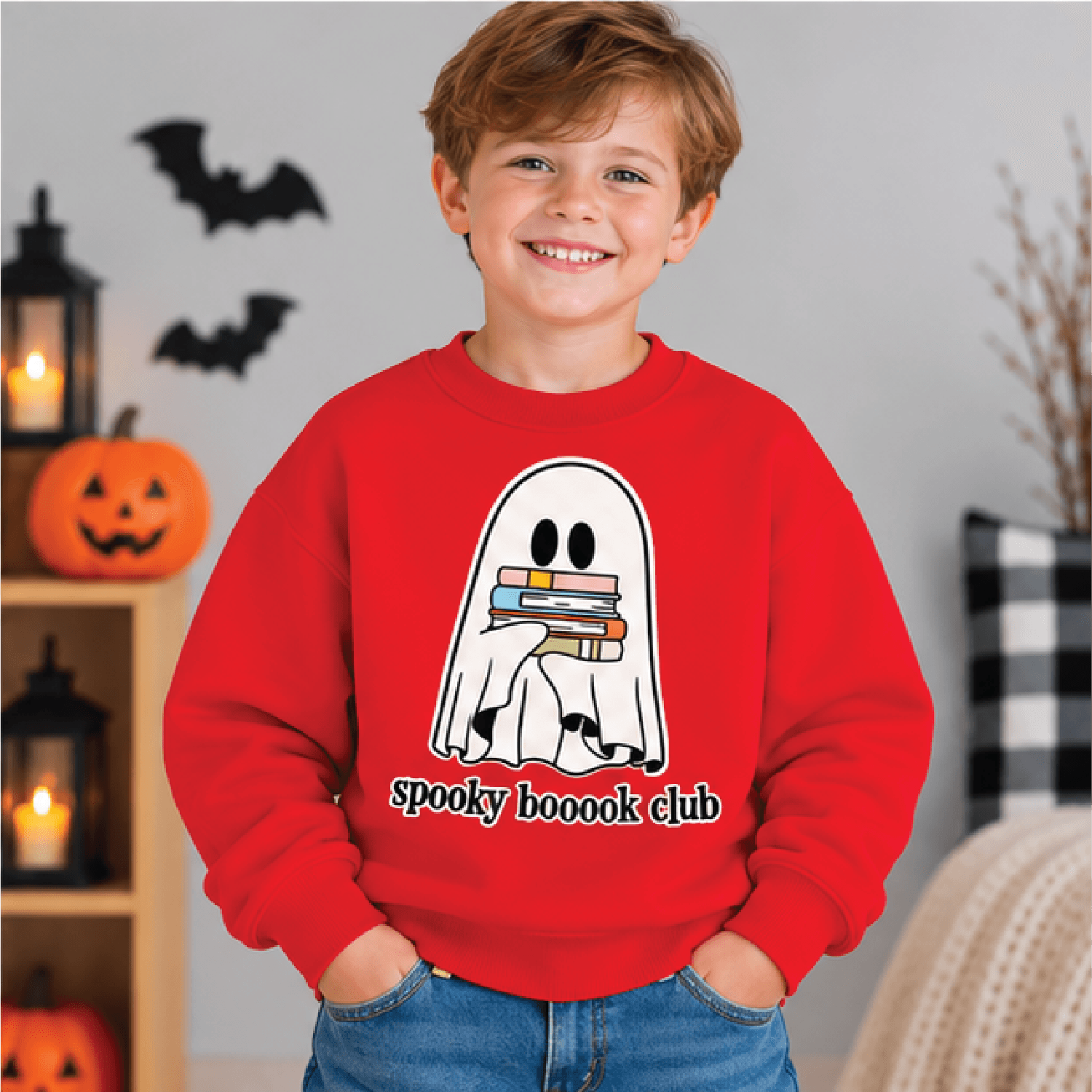 Spooky Boooook Club Sweatshirt Kids Youth Unisex Halloween Crewneck Cute Ghost Book Lover Sweater F 3