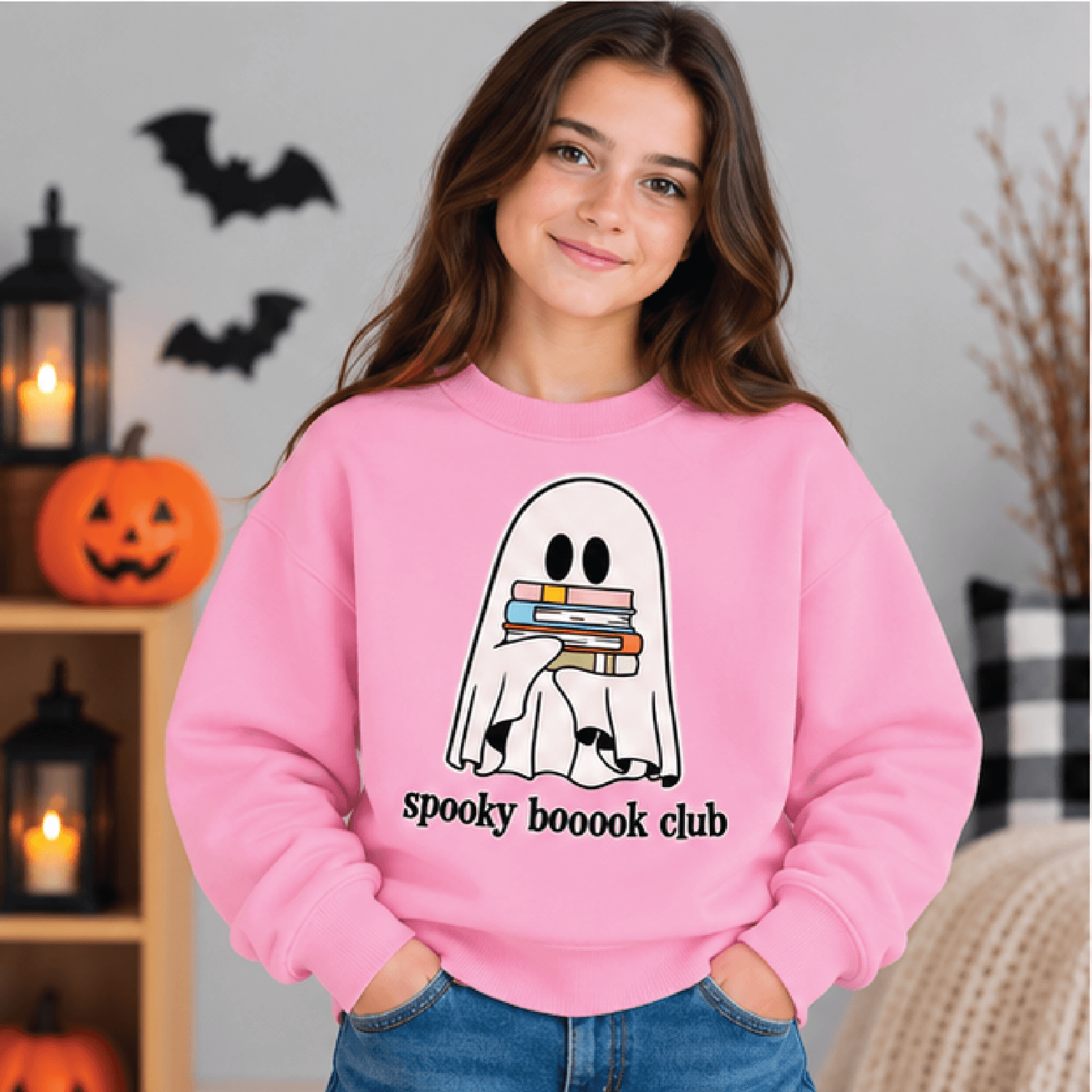 Spooky Boooook Club Sweatshirt Kids Youth Unisex Halloween Crewneck Cute Ghost Book Lover Sweater F 2