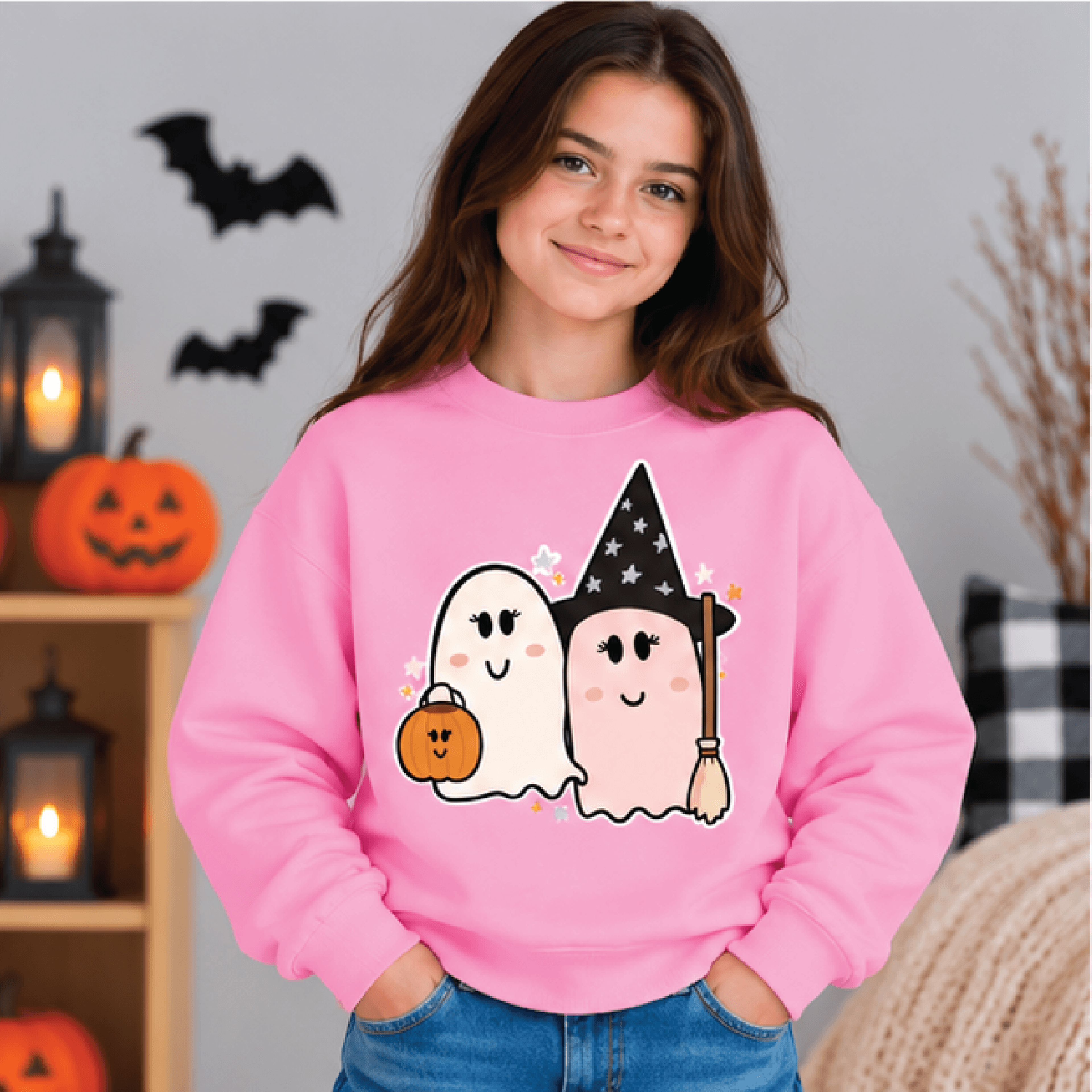 Ghosty Girls Halloween Sweatshirt Kids Youth Unisex Cute Ghost Crewneck Witch Ghost Pumpkin Sweater
