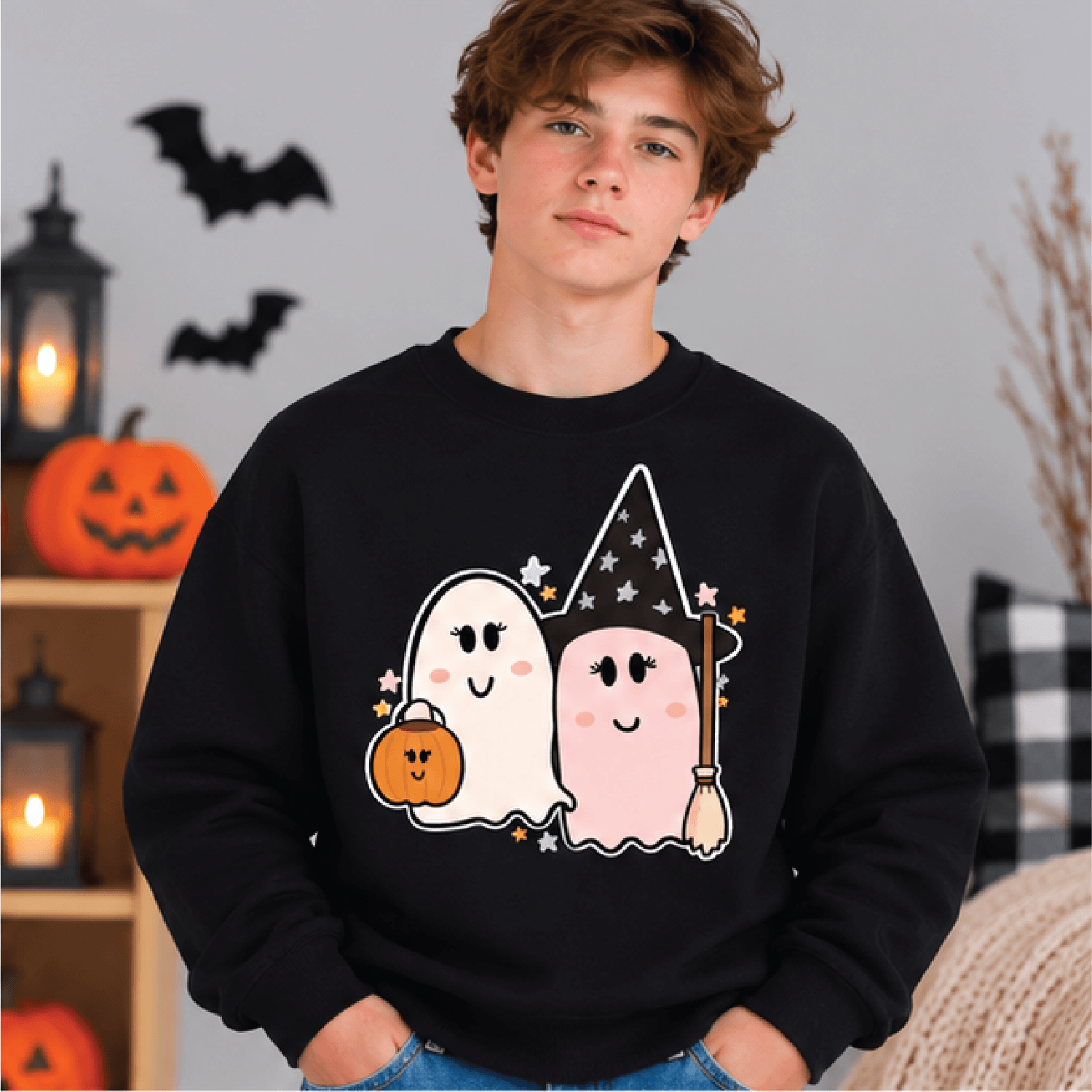 Ghosty Girls Halloween Sweatshirt Kids Youth Unisex Cute Ghost Crewneck Witch Ghost Pumpkin Sweater