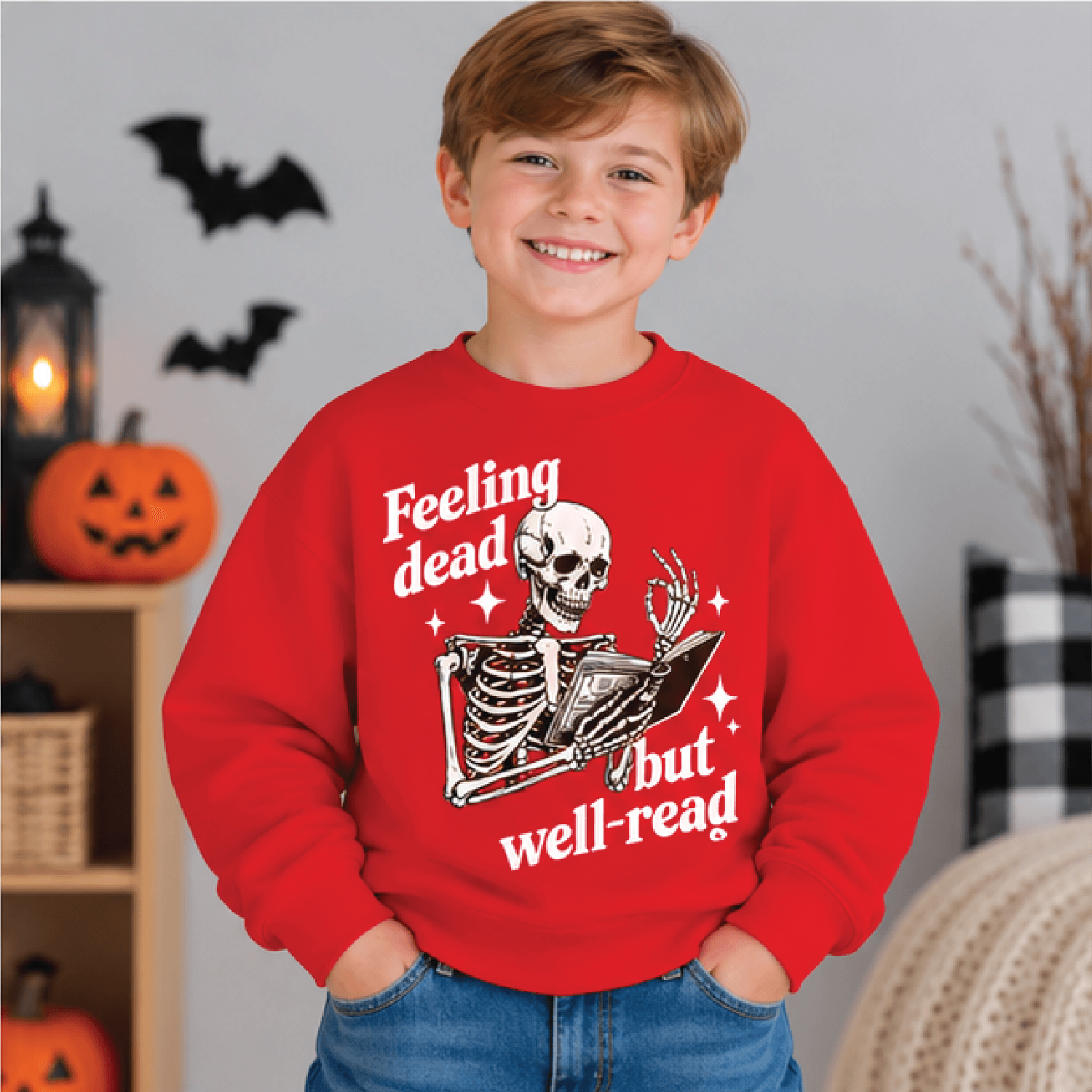 Feeling Dead But Well Read Halloween Sweatshirt Kids Youth Unisex Skeleton Reading Crewneck Spooky  3
