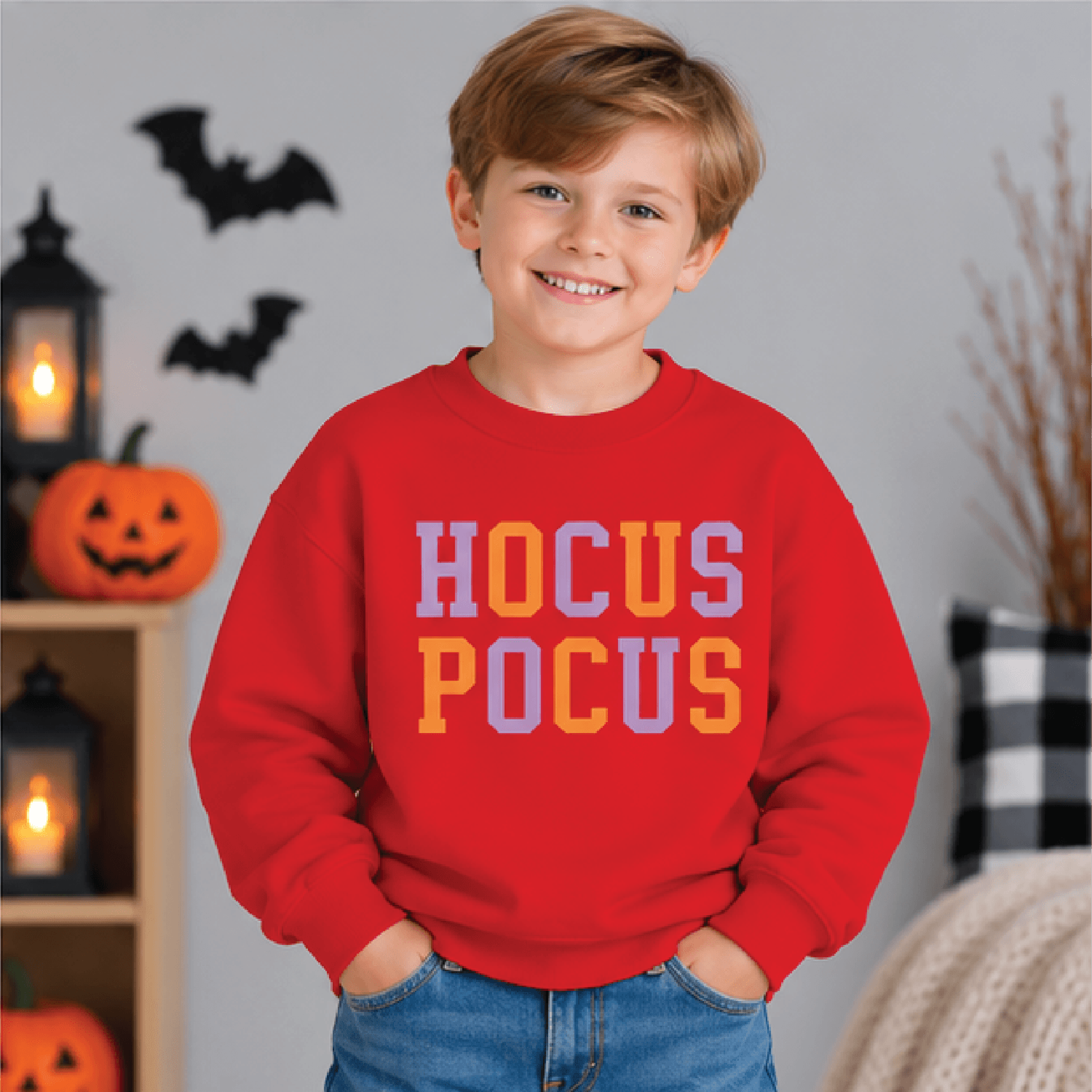 Hocus Pocus Halloween Sweatshirt Kids Youth Unisex Spooky Crewneck Orange Purple Witchy Sweater Tri 3