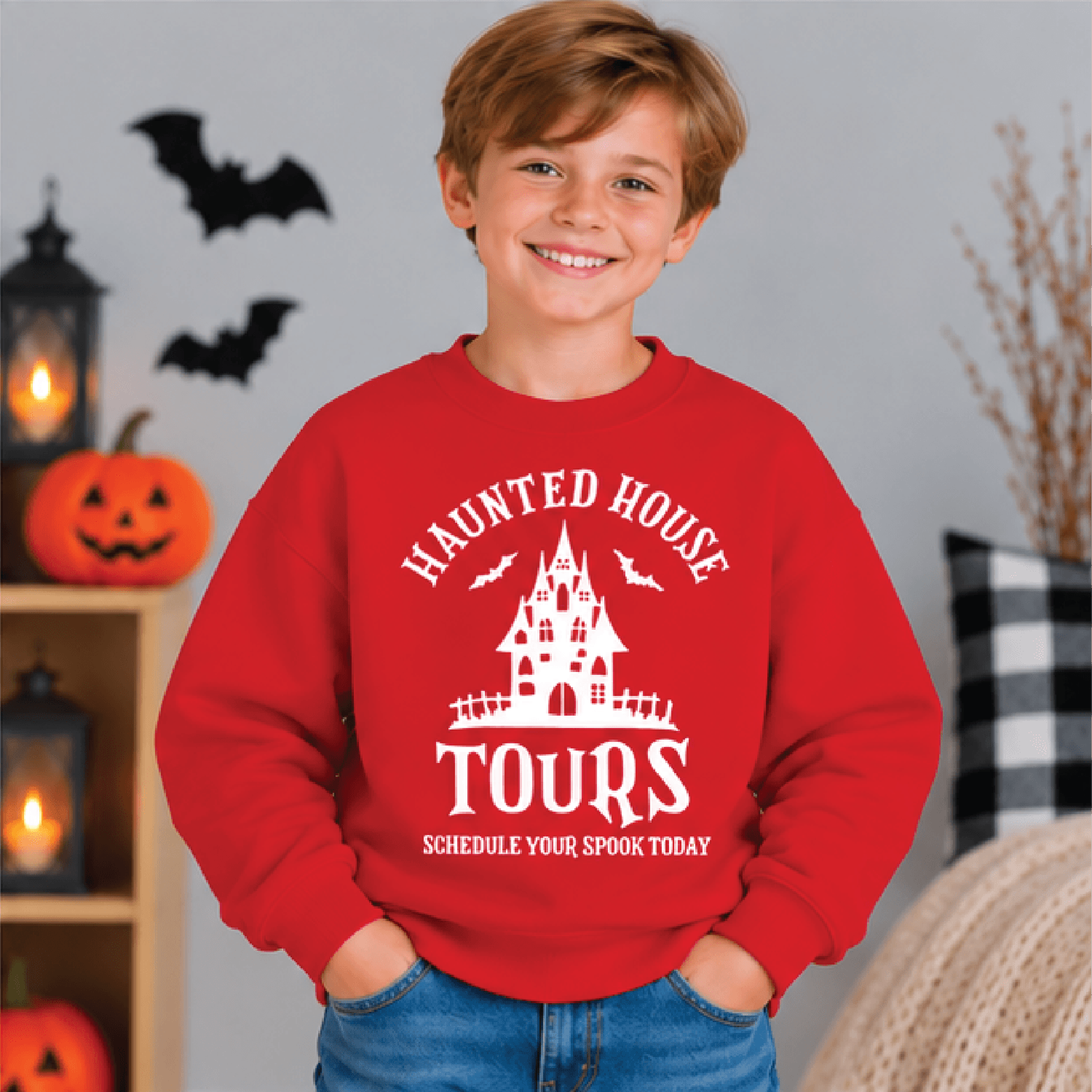 Haunted House Tours Halloween Sweatshirt Kids Youth Unisex Spooky Crewneck Haunted Mansion Bat Swea 3