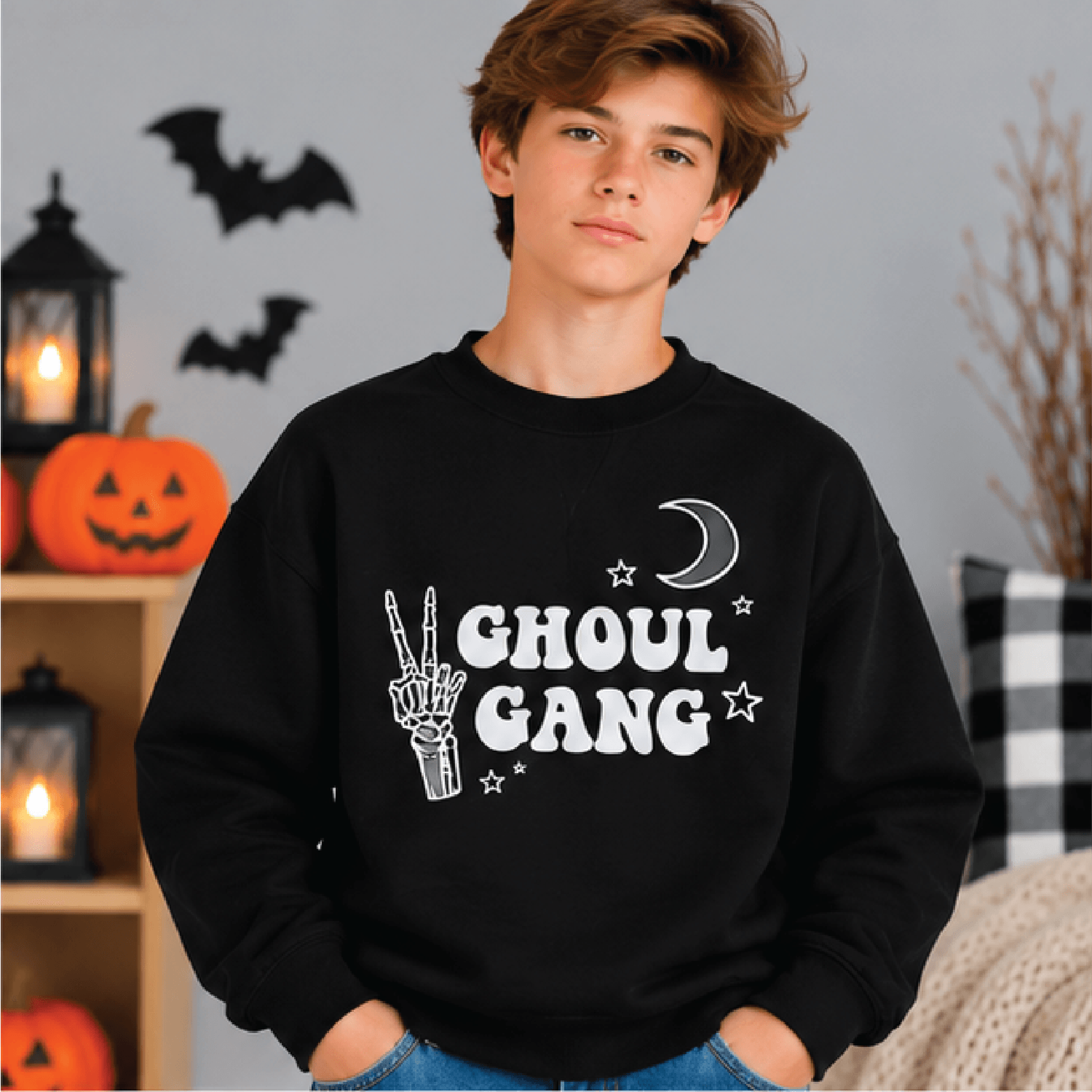 Ghoul Gang Halloween Sweatshirt Kids Youth Unisex Skeleton Crewneck Spooky Peace Sign Moon Stars Sw 1