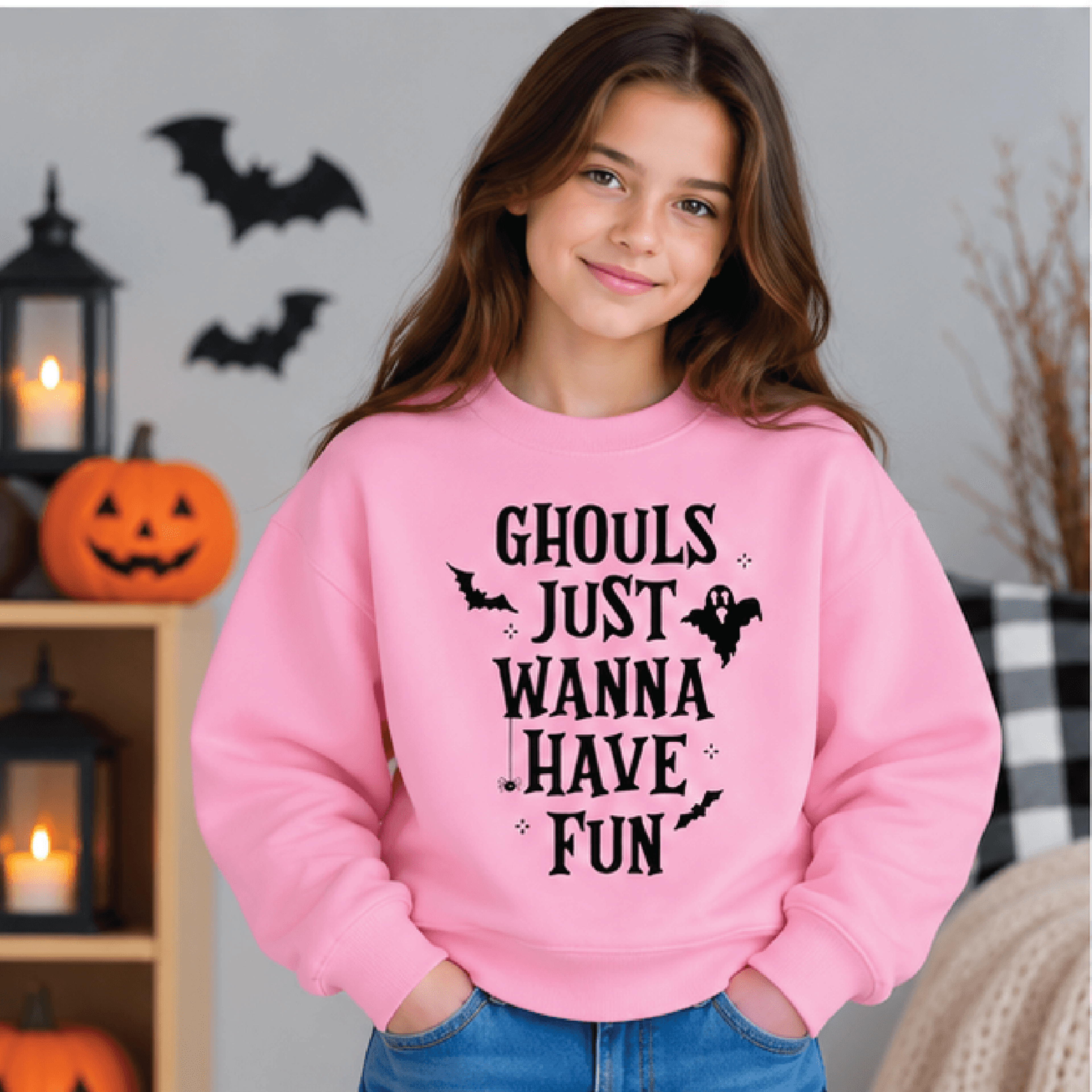 Ghouls Just Wanna Have Fun Sweatshirt Kids Youth Unisex Halloween Crewneck Cute Ghost Bat Spooky Se 2