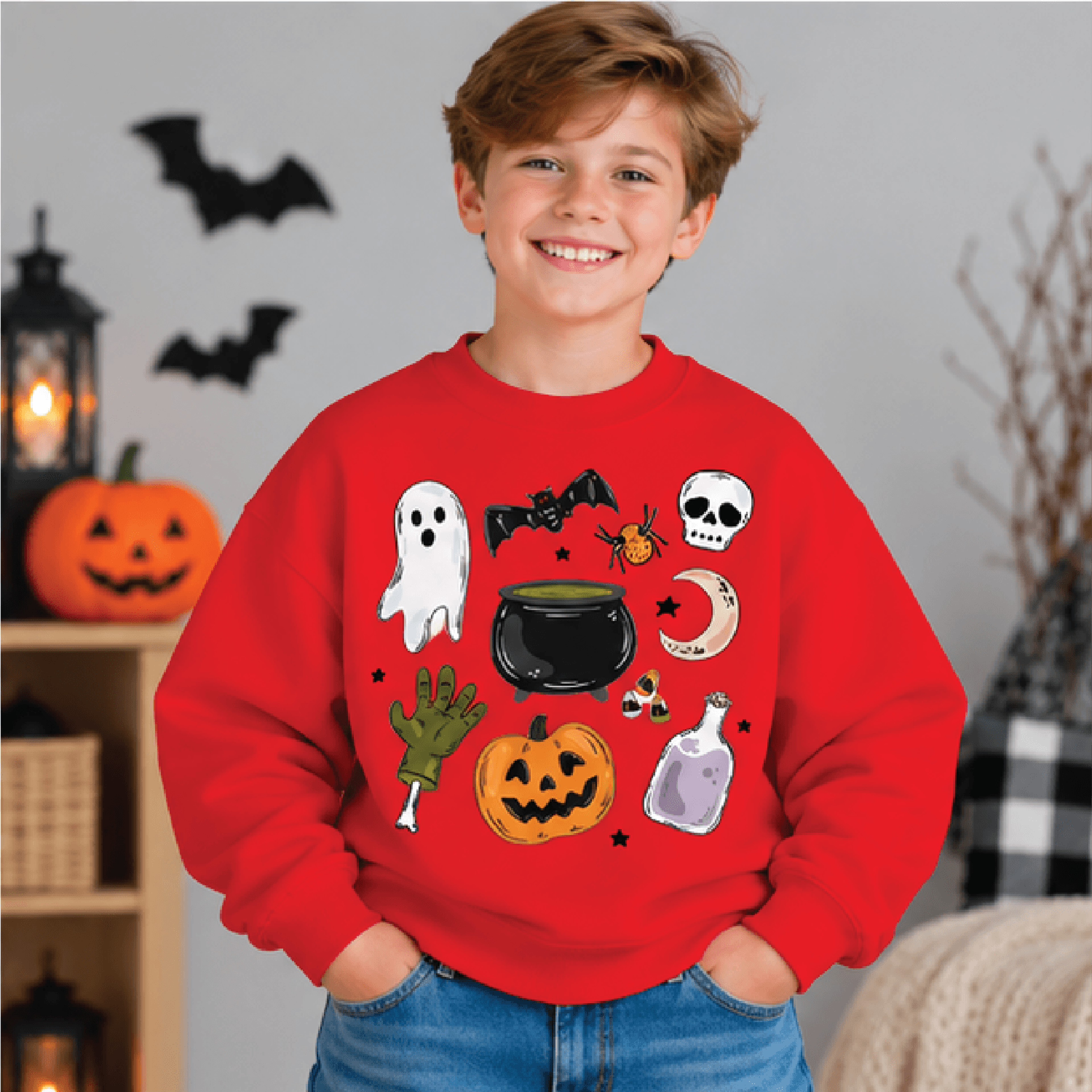 Halloween Things Sweatshirt Kids Youth Unisex Spooky Crewneck Ghost Pumpkin Skull Bat Halloween Swe 3