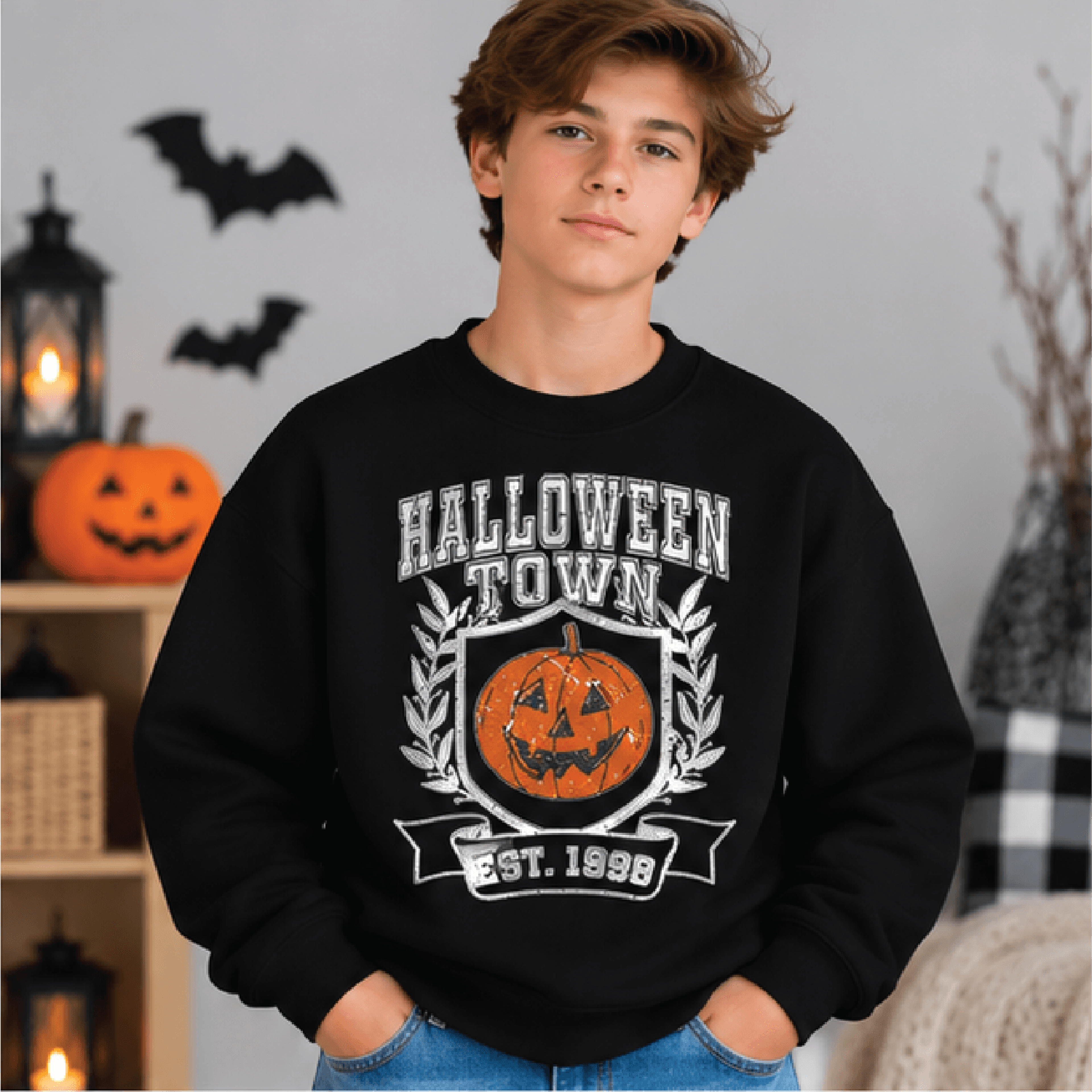Halloween Town Sweatshirt Kids Youth Unisex Pumpkin Crewneck Jack O Lantern Spooky Sweater Retro Ha 1