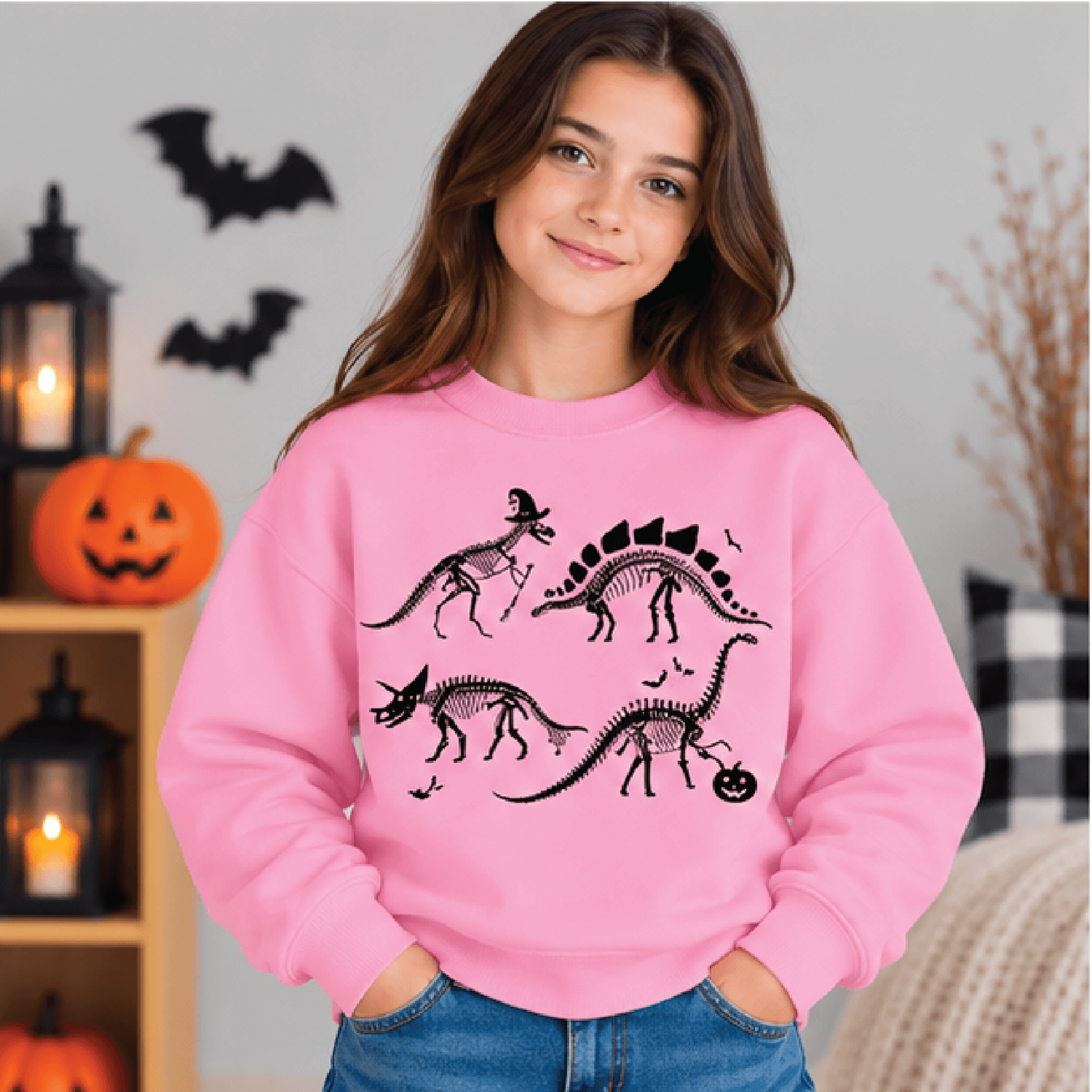 Dinosaur Skeleton Halloween Sweatshirt Kids Youth Unisex Dino Crewneck T Rex Triceratops Spooky Fal 2