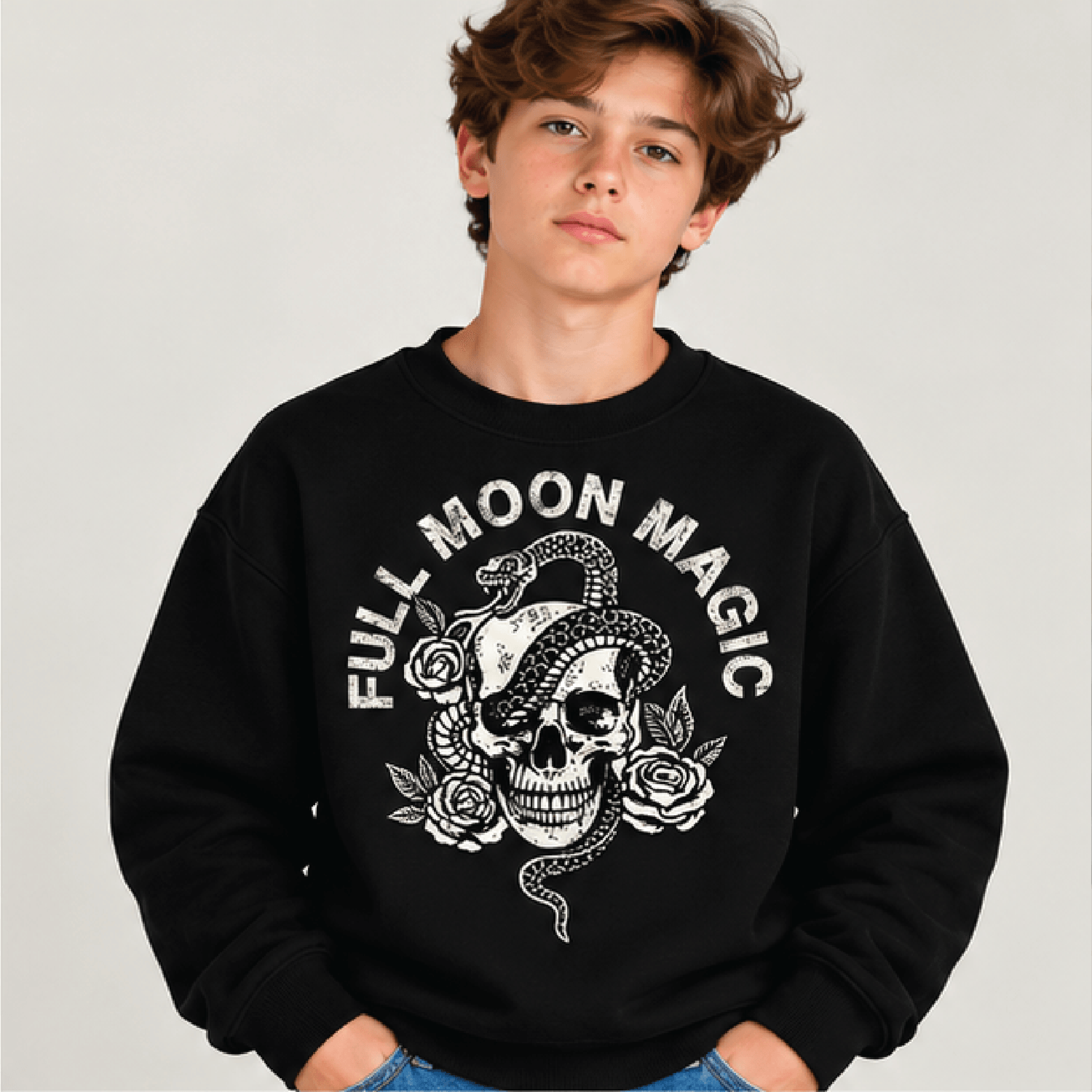 Full Moon Magic Halloween Sweatshirt Kids Youth Unisex Skull Snake Crewneck Spooky Gothic Moon Fall 1