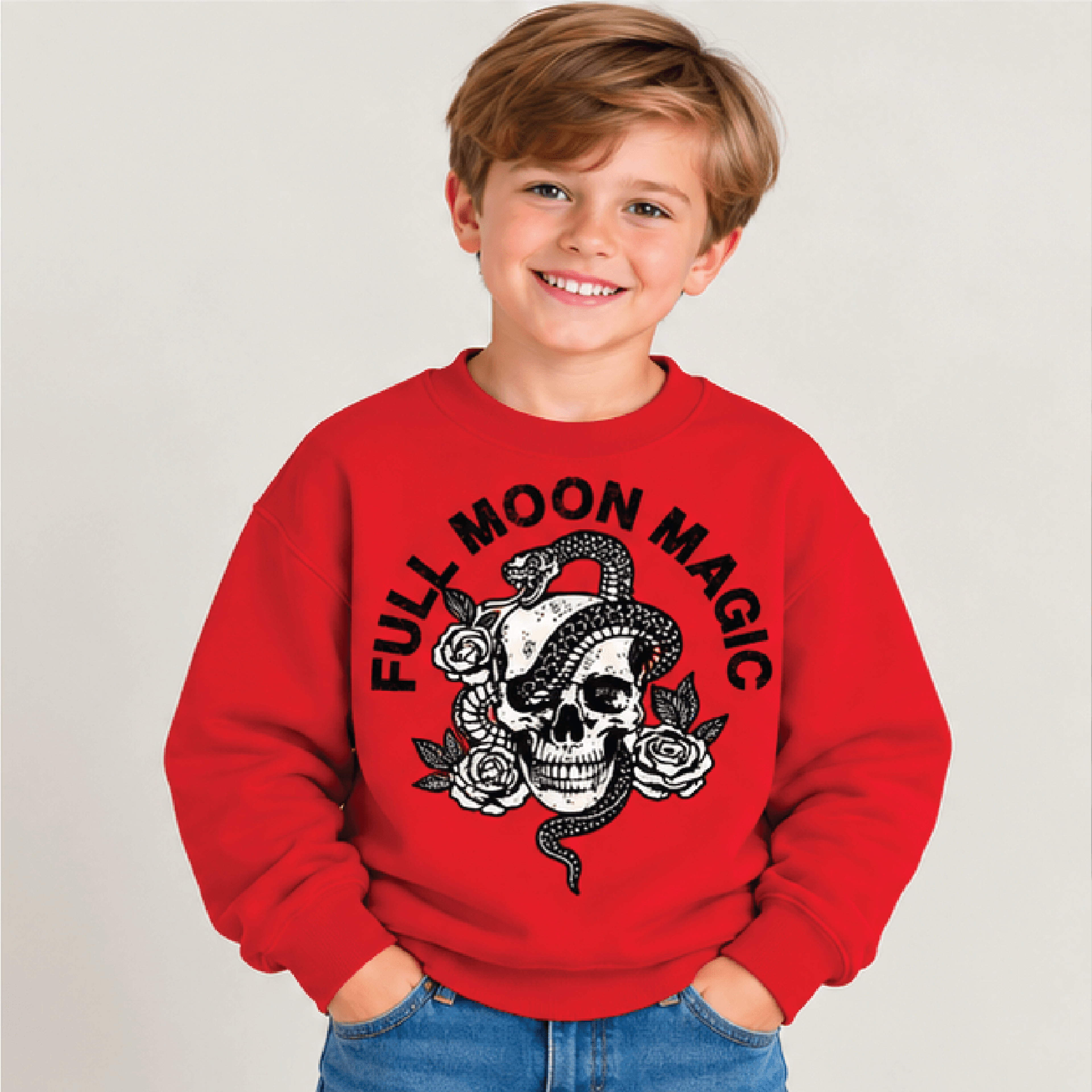 Full Moon Magic Halloween Sweatshirt Kids Youth Unisex Skull Snake Crewneck Spooky Gothic Moon Fall 3