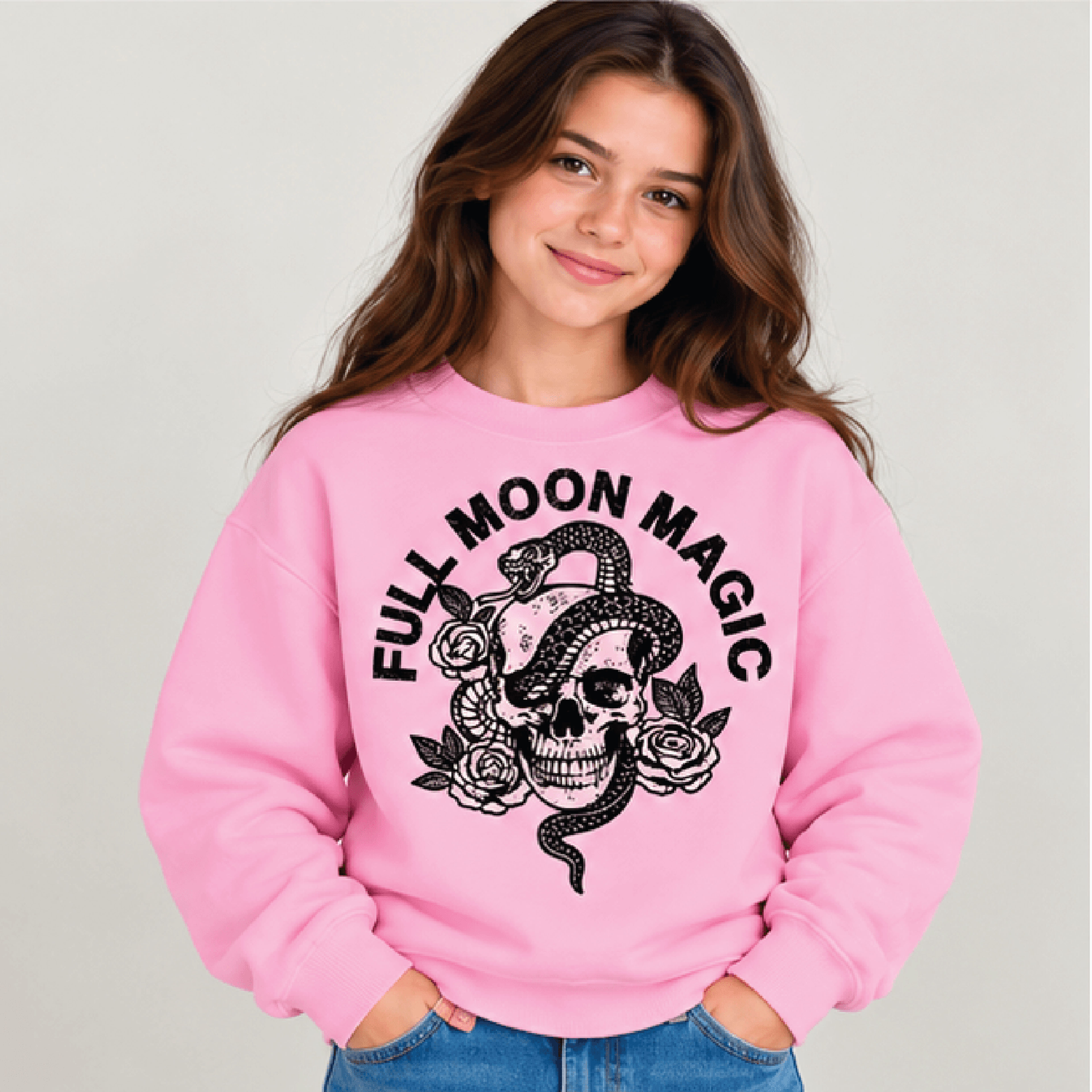 Full Moon Magic Halloween Sweatshirt Kids Youth Unisex Skull Snake Crewneck Spooky Gothic Moon Fall 2