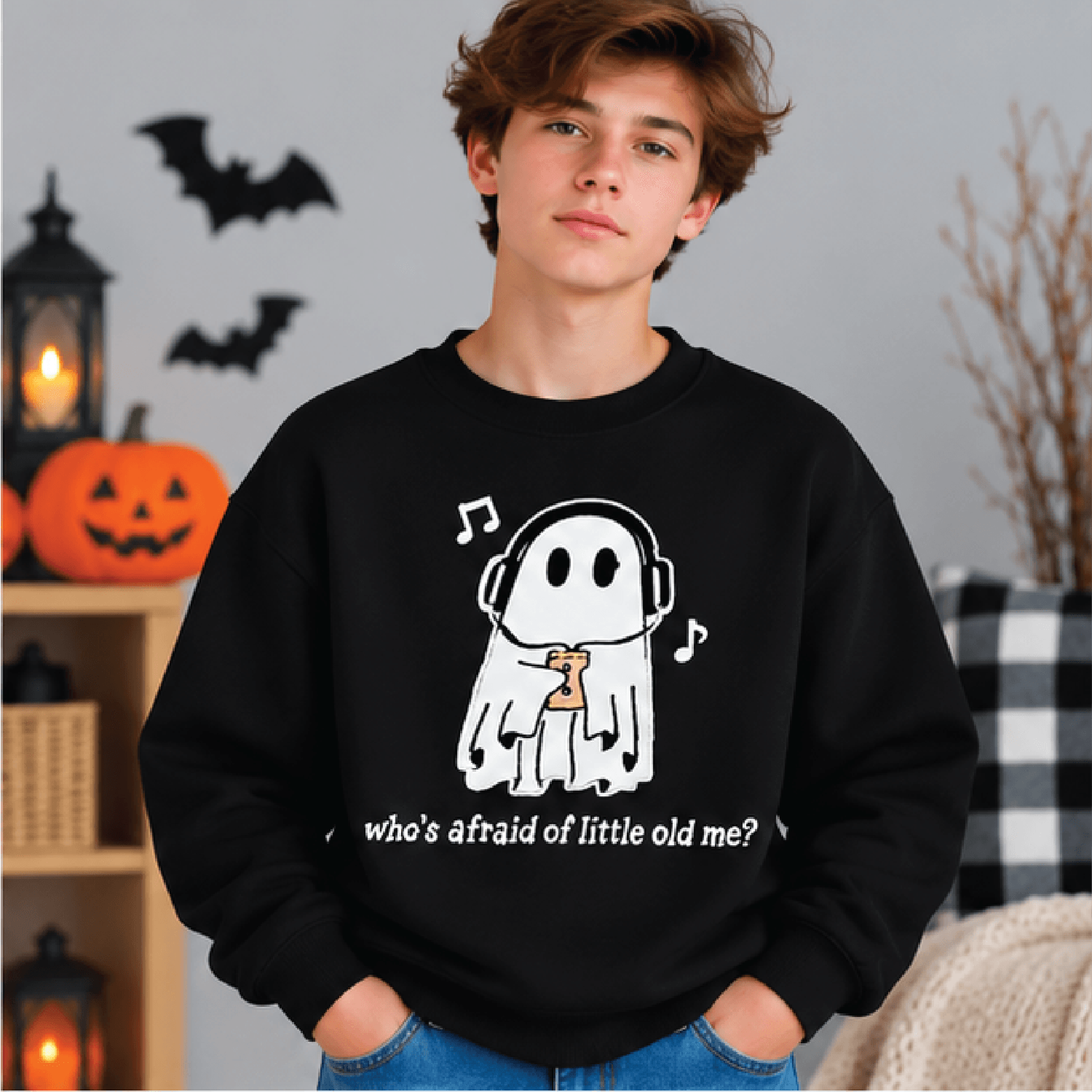 Whos Afraid Of Little Old Me Halloween Sweatshirt Kids Youth Unisex Ghost Crewneck Spooky Music Lov 1