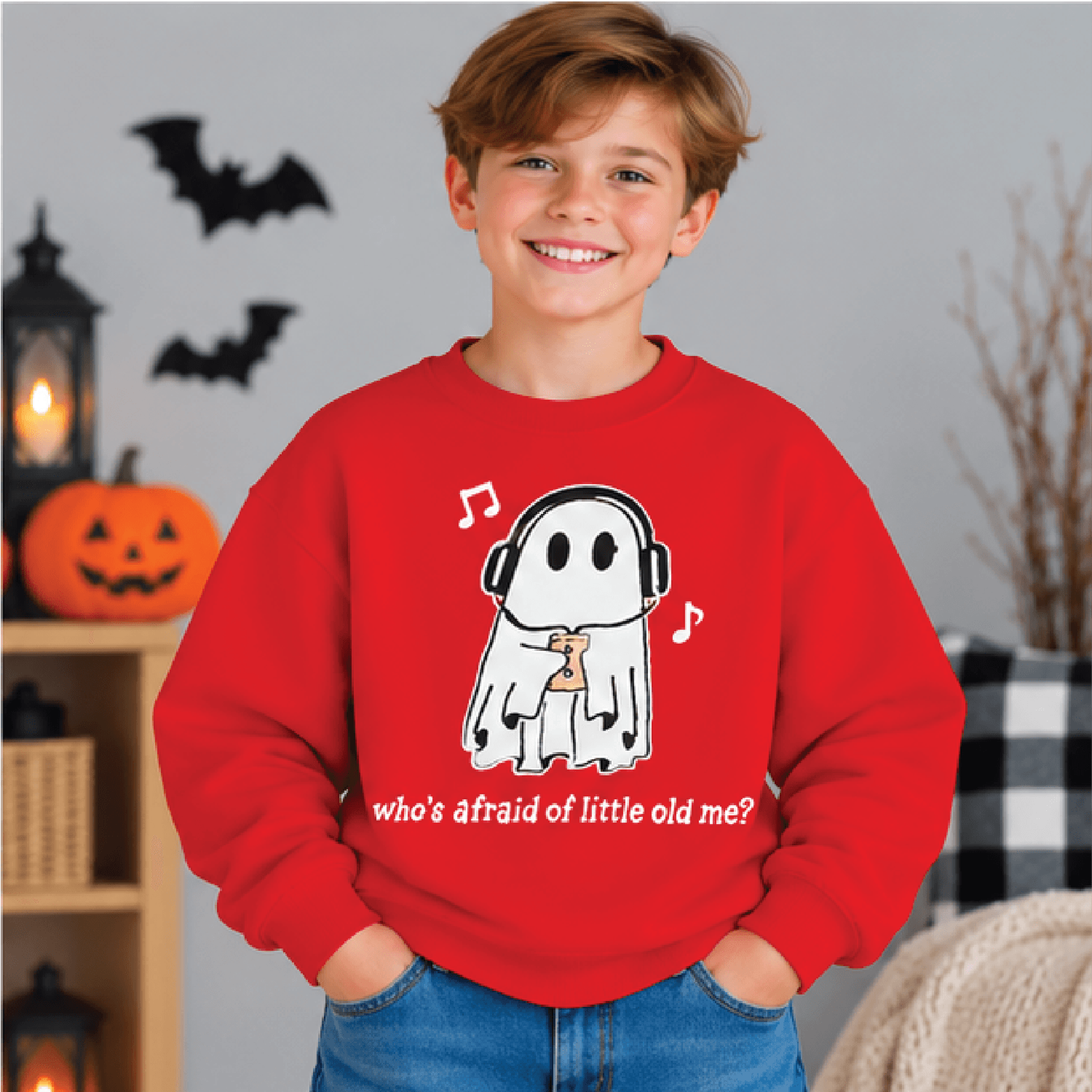 Whos Afraid Of Little Old Me Halloween Sweatshirt Kids Youth Unisex Ghost Crewneck Spooky Music Lov 3