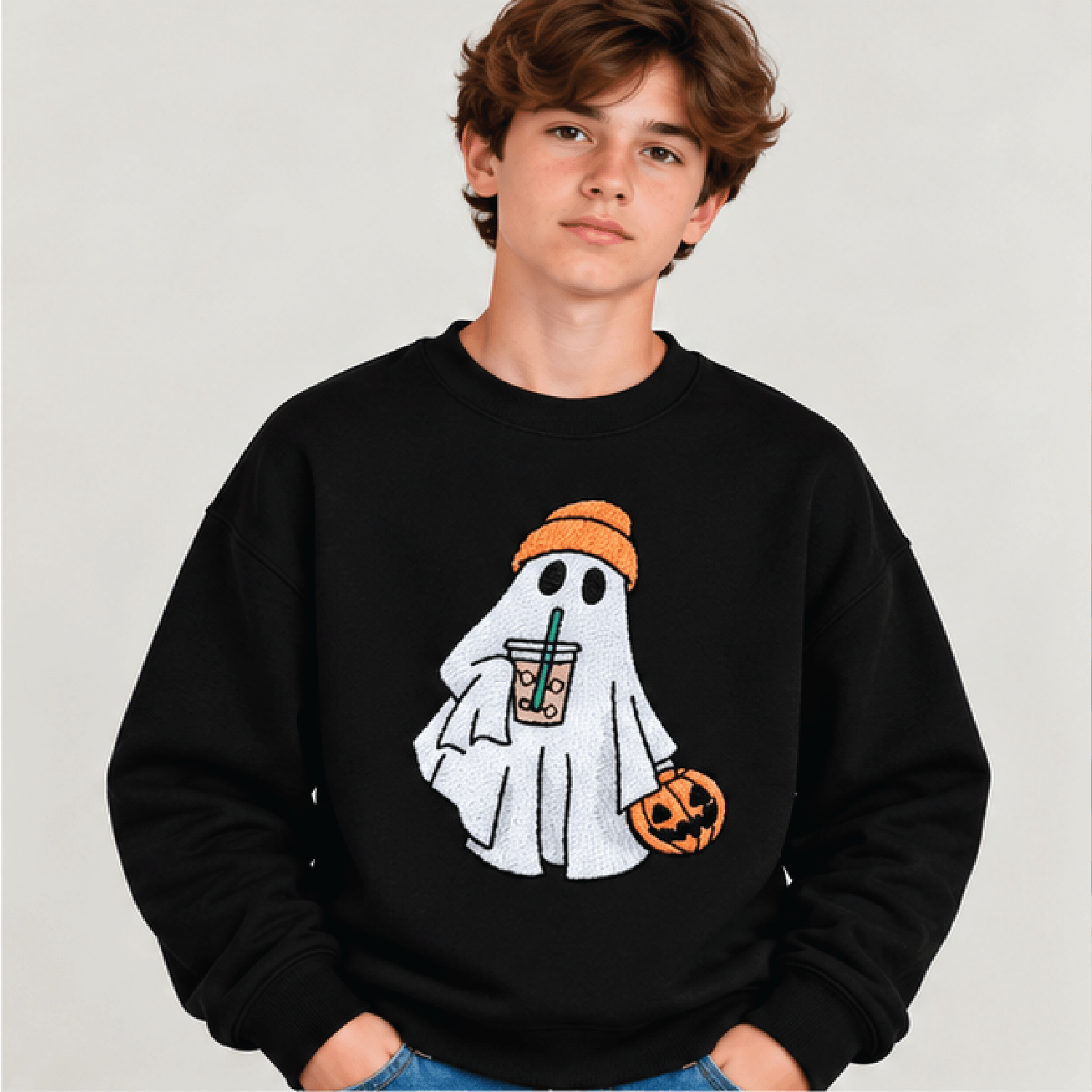 Cute Ghost Halloween Sweatshirt Kids Youth Unisex Embroidered Ghost Crewneck Pumpkin Coffee Spooky  1