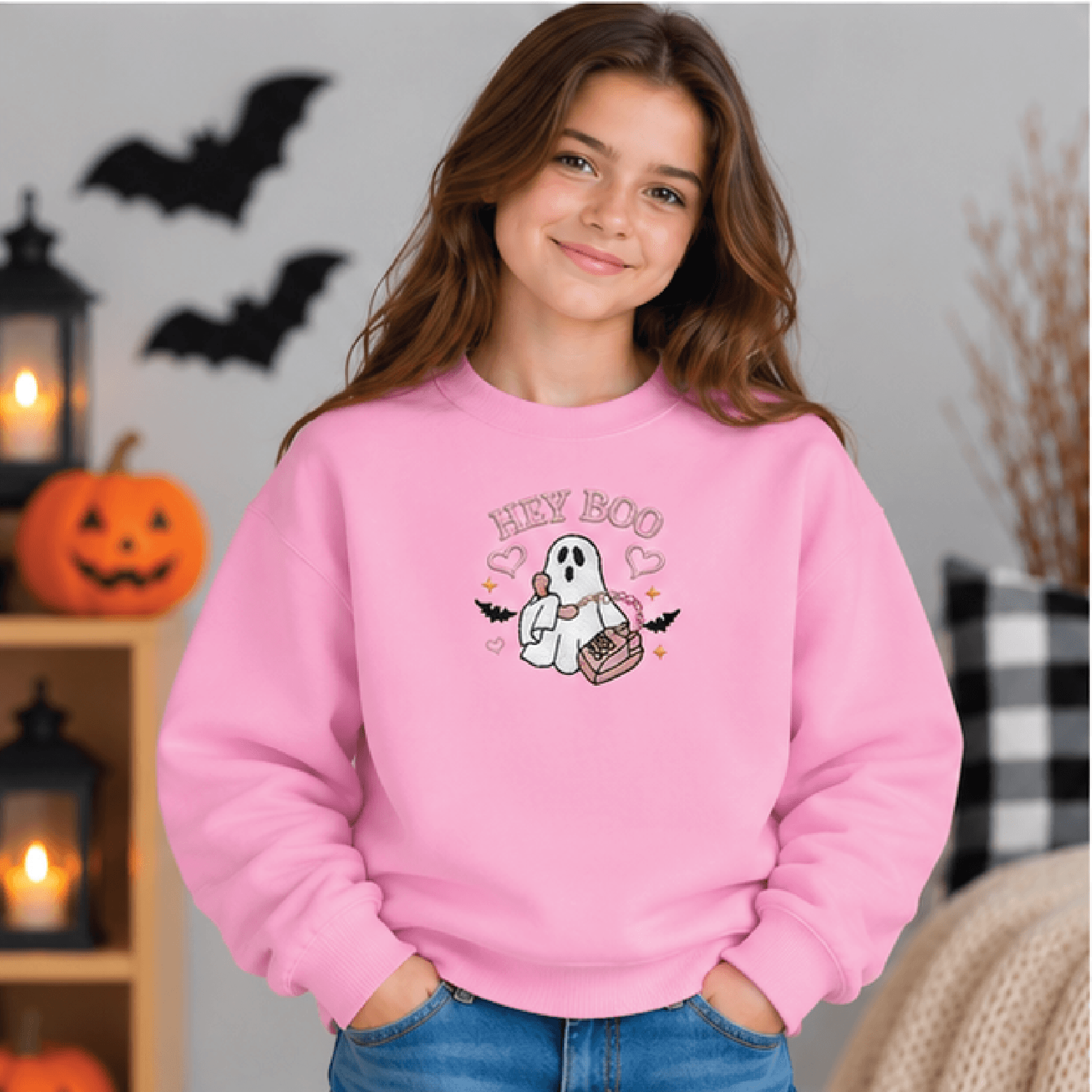 Hey Boo Ghost Halloween Sweatshirt Kids Youth Unisex Spooky Crewneck Cute Retro Phone Ghost Sweater 2