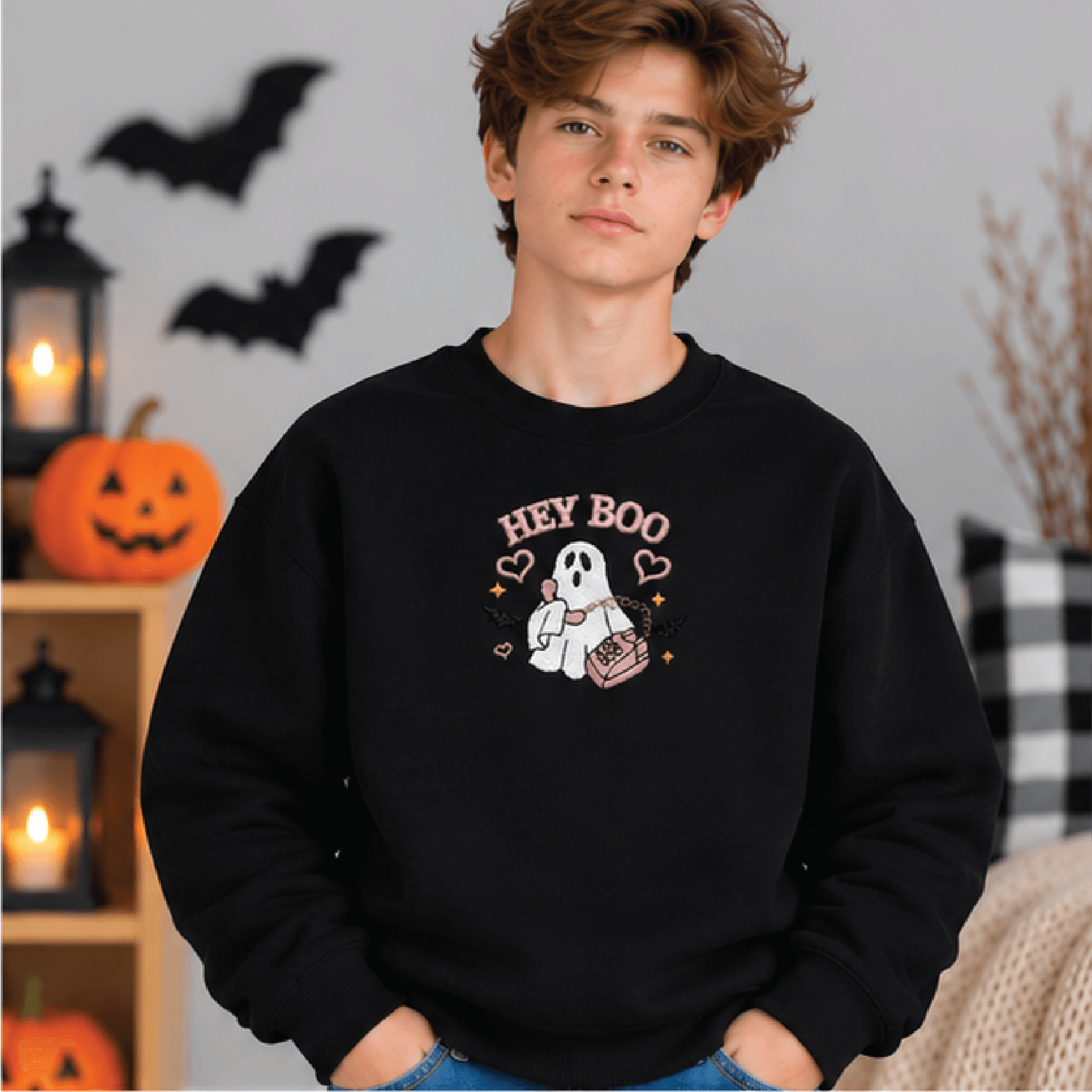 Hey Boo Ghost Halloween Sweatshirt Kids Youth Unisex Spooky Crewneck Cute Retro Phone Ghost Sweater 1
