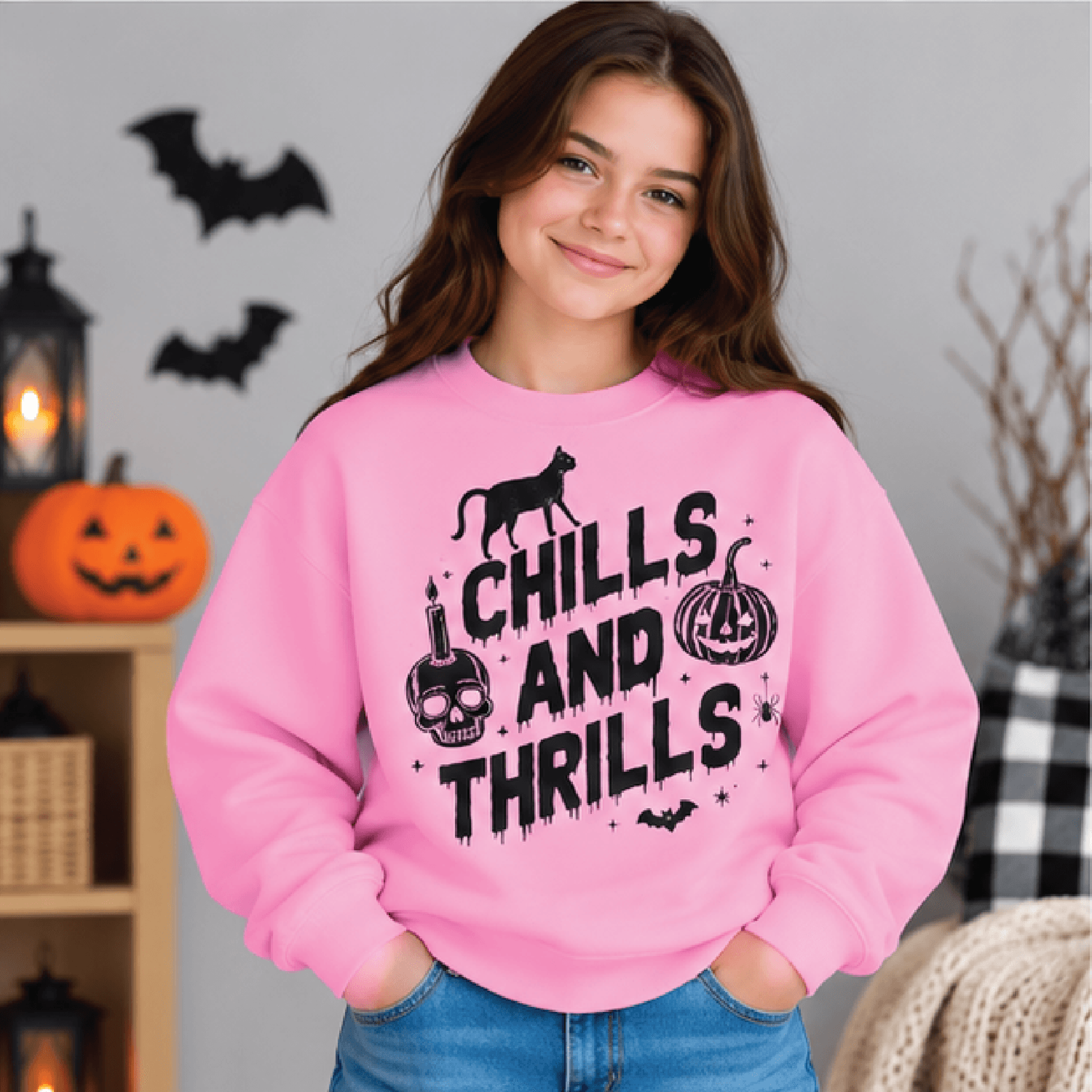 Chills And Thrills Halloween Sweatshirt Kids Youth Unisex Spooky Crewneck Retro Ghost Skeleton Fall