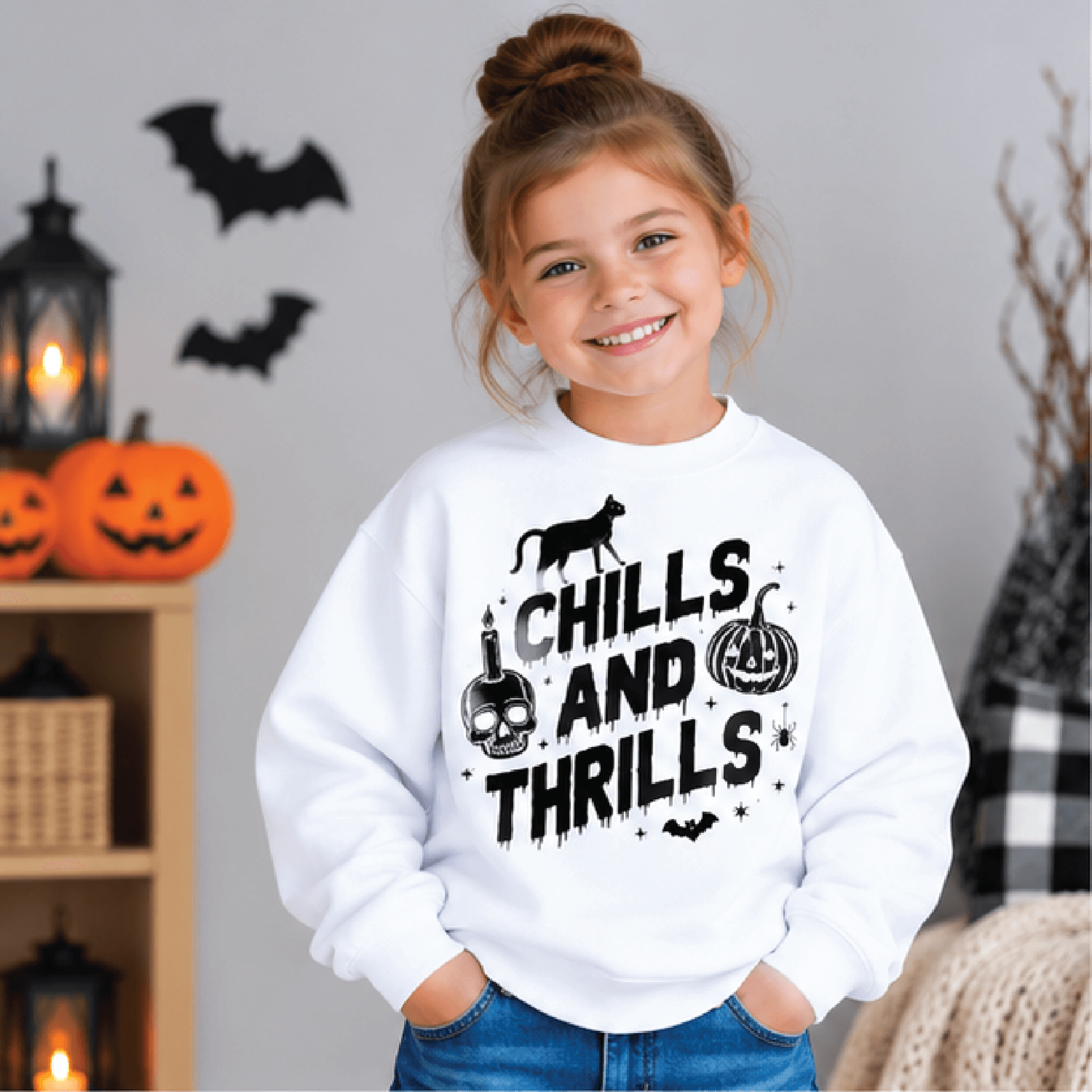 Chills And Thrills Halloween Sweatshirt Kids Youth Unisex Spooky Crewneck Retro Ghost Skeleton Fall